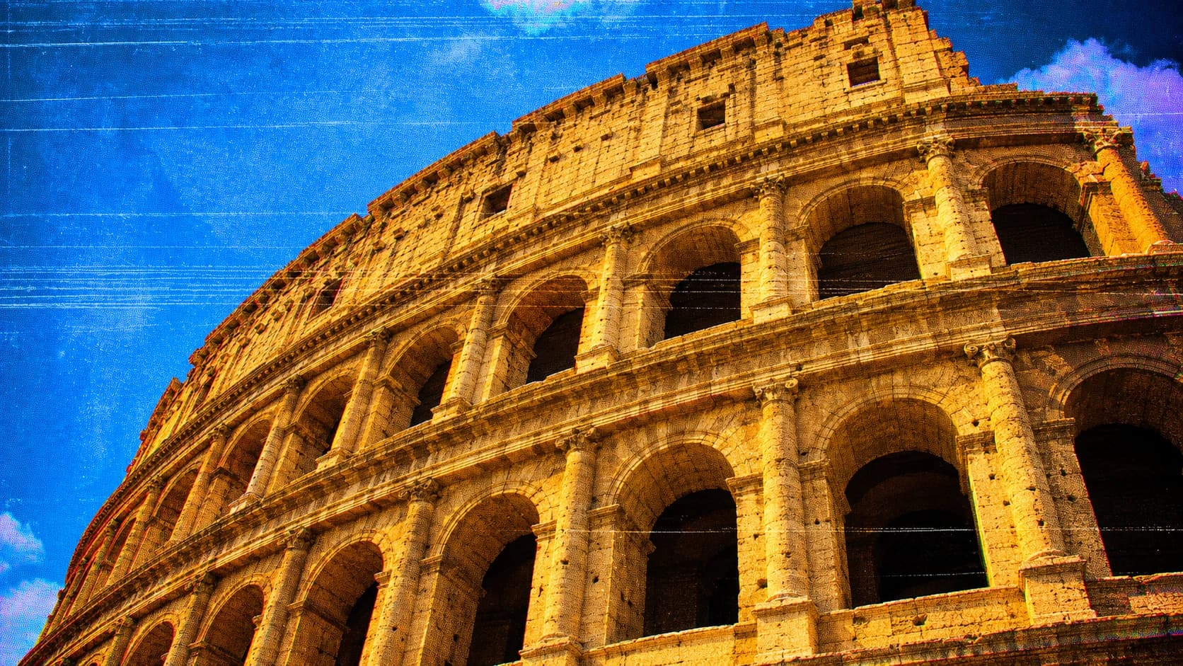 Low-angle view of the Colosseum in saturated golden yellow against a vivid blue sky, with grainy newspaper halftone texture and worn print marks
