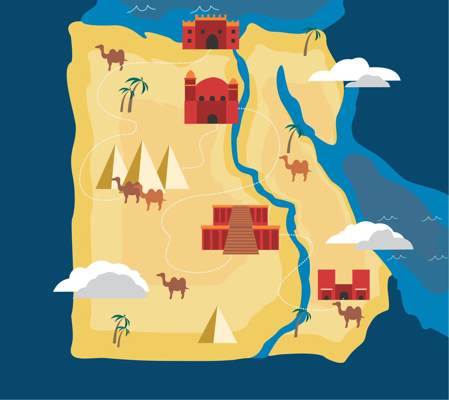 Illustrated map of Egypt showing the Nile, pyramids, camels and desert landmarks