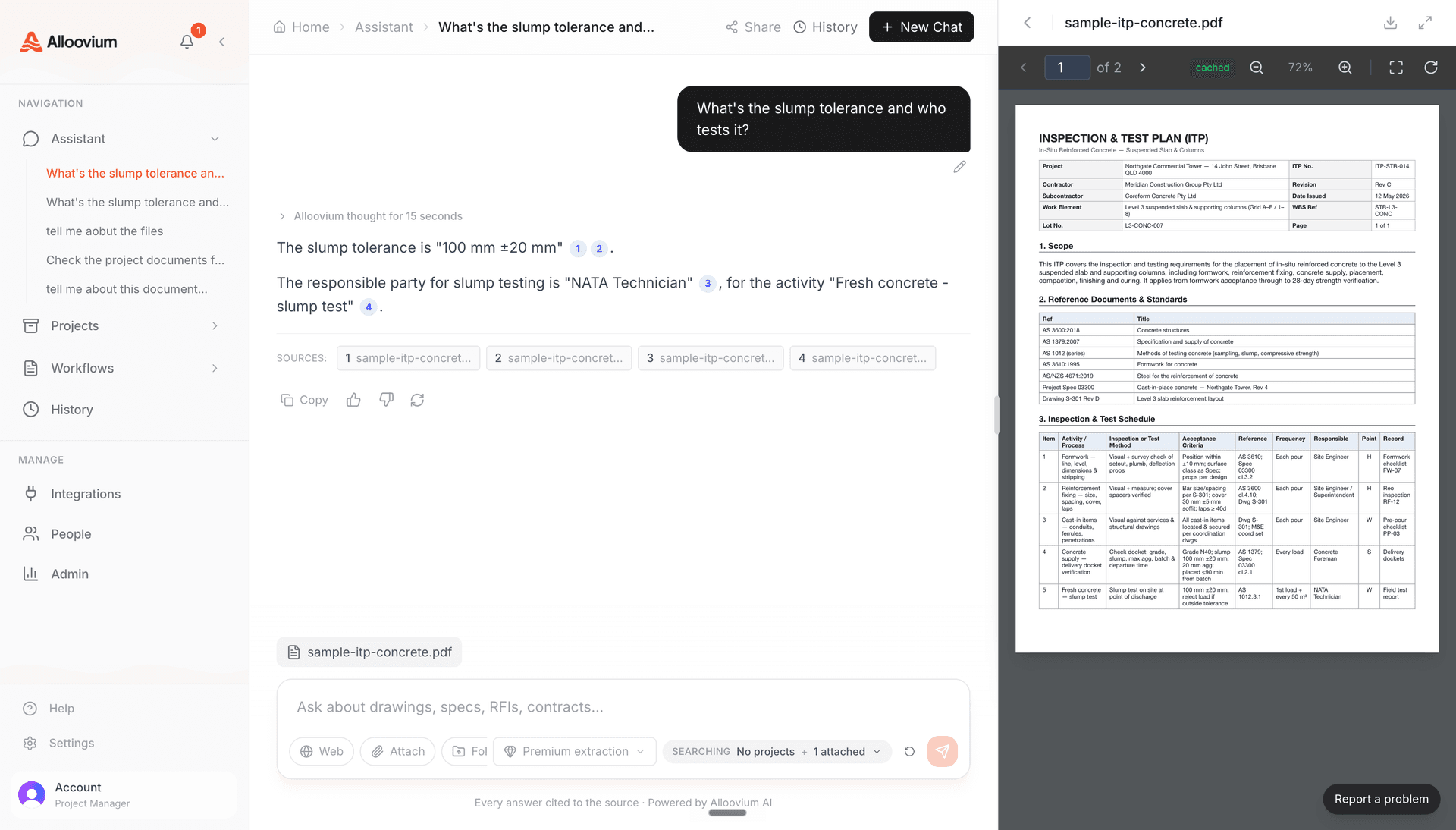 AI Assistant chat interface with a sample question and cited answer
