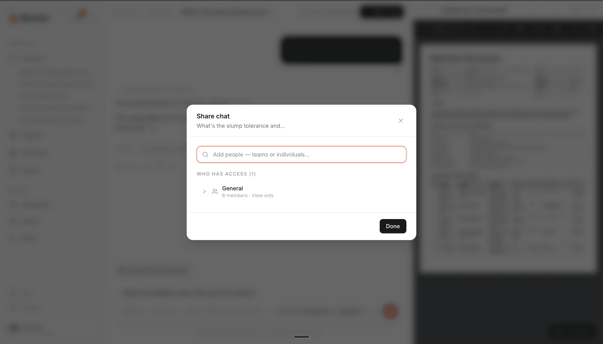 Share chat dialog showing who has access and an input to add teams or individuals