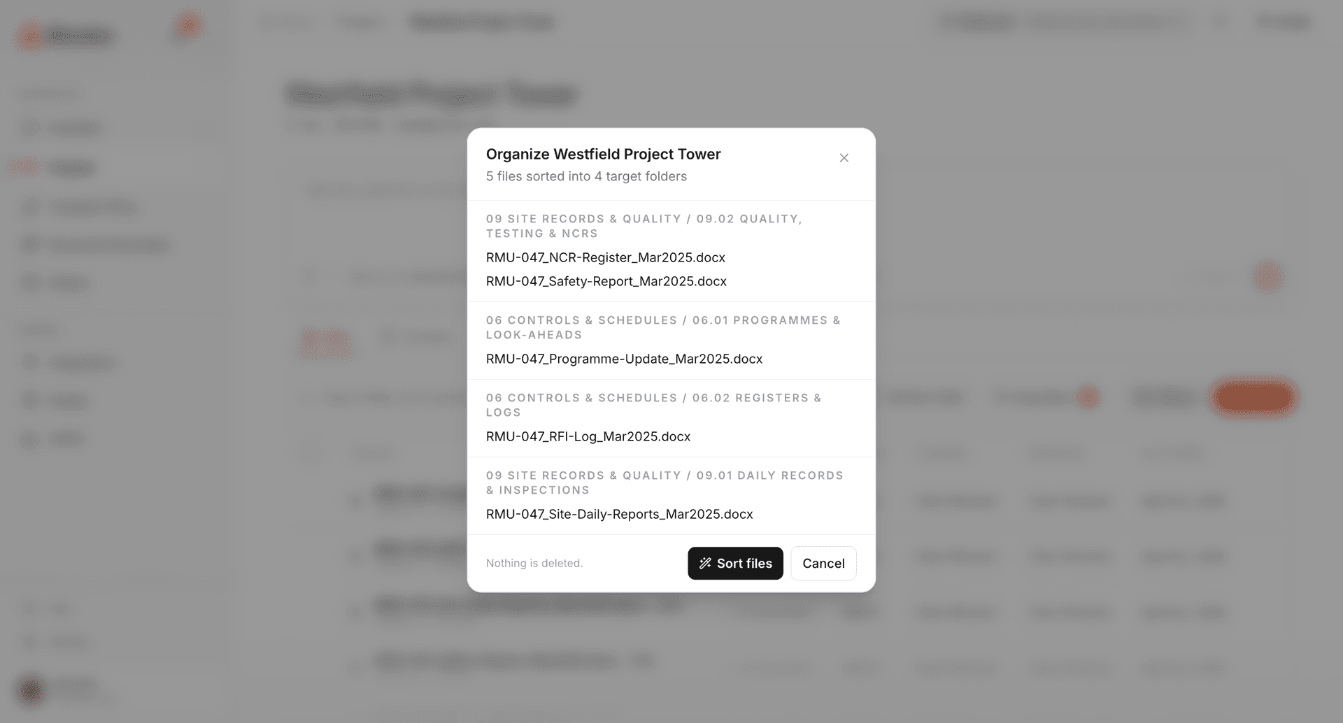 AI organizer preview showing suggested projects and destination folders before upload