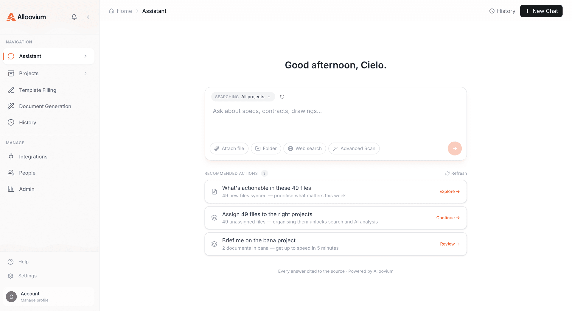 Alloovium dashboard showing projects list and recent activity