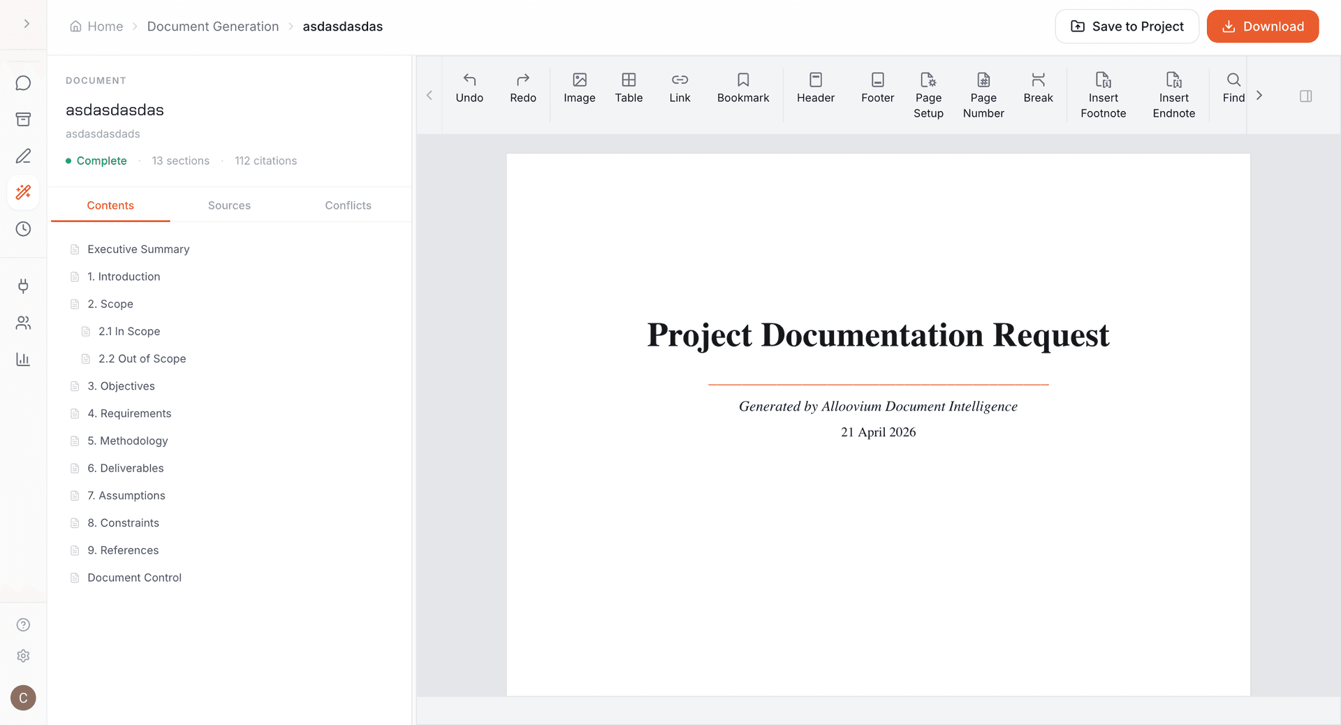 Document Generation result — generated document with table of contents and citation count