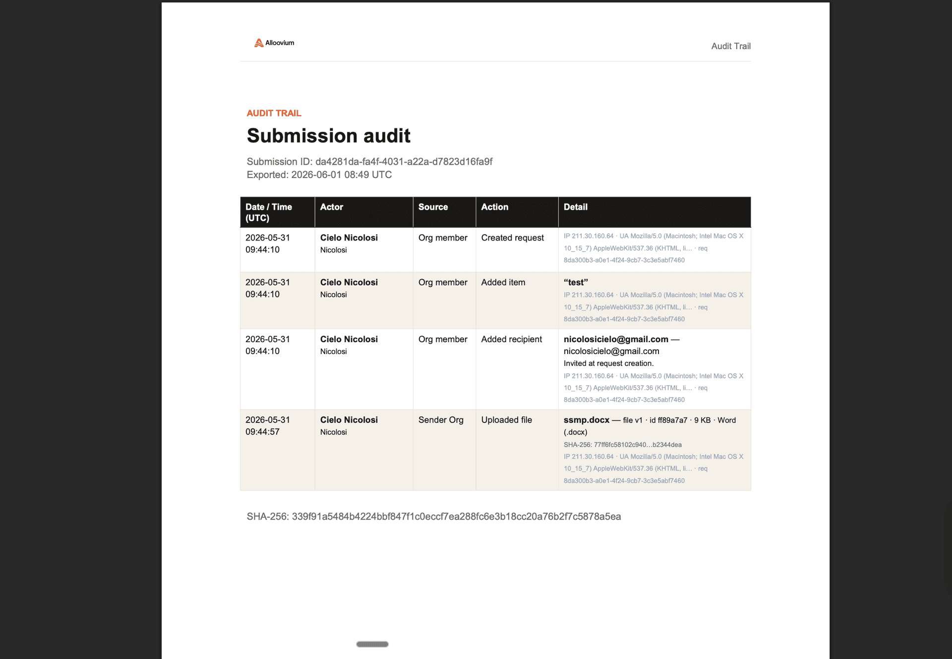 Signed audit dossier export — every revision and acknowledgement