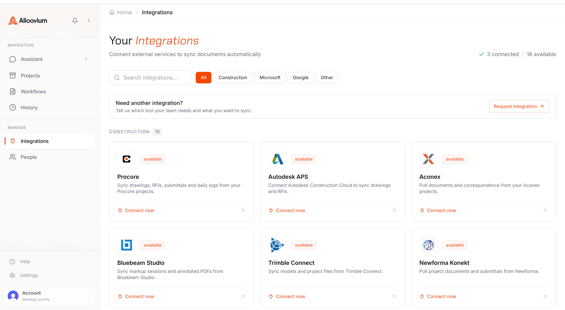 Integrations settings page showing connected services and sync status