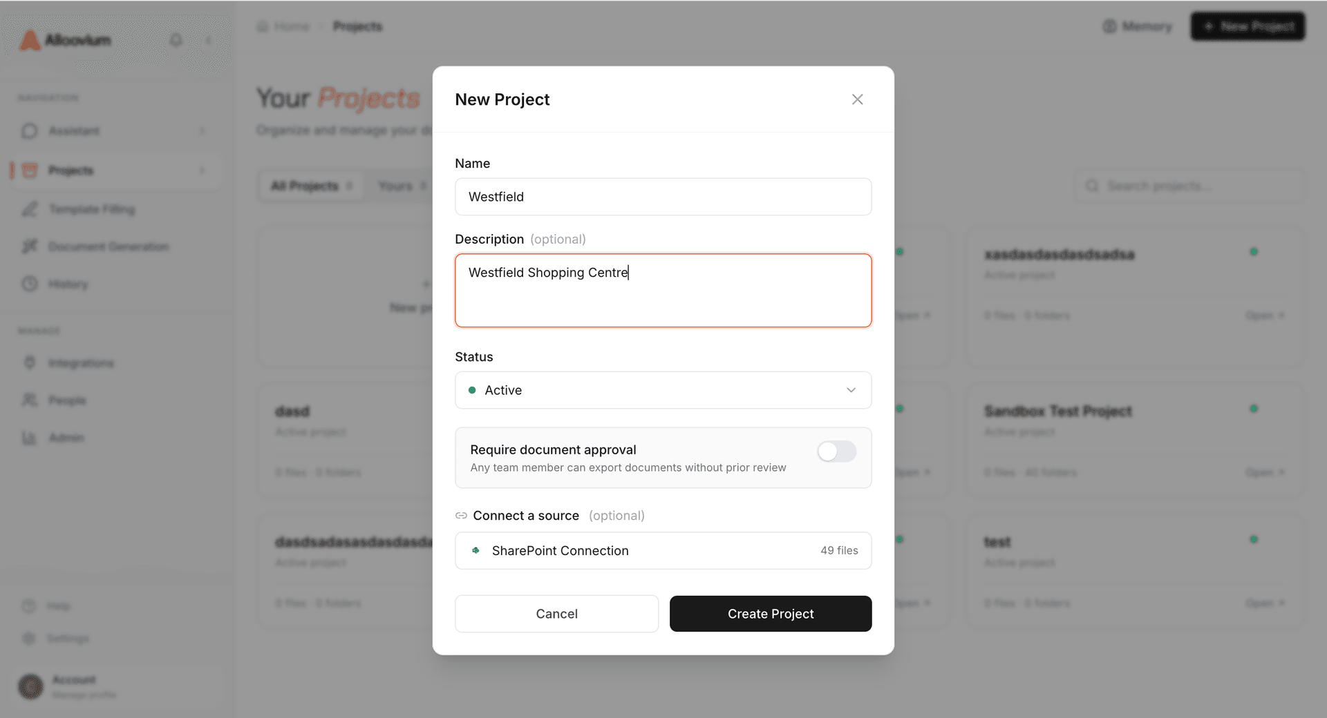 New project creation modal with name and description fields