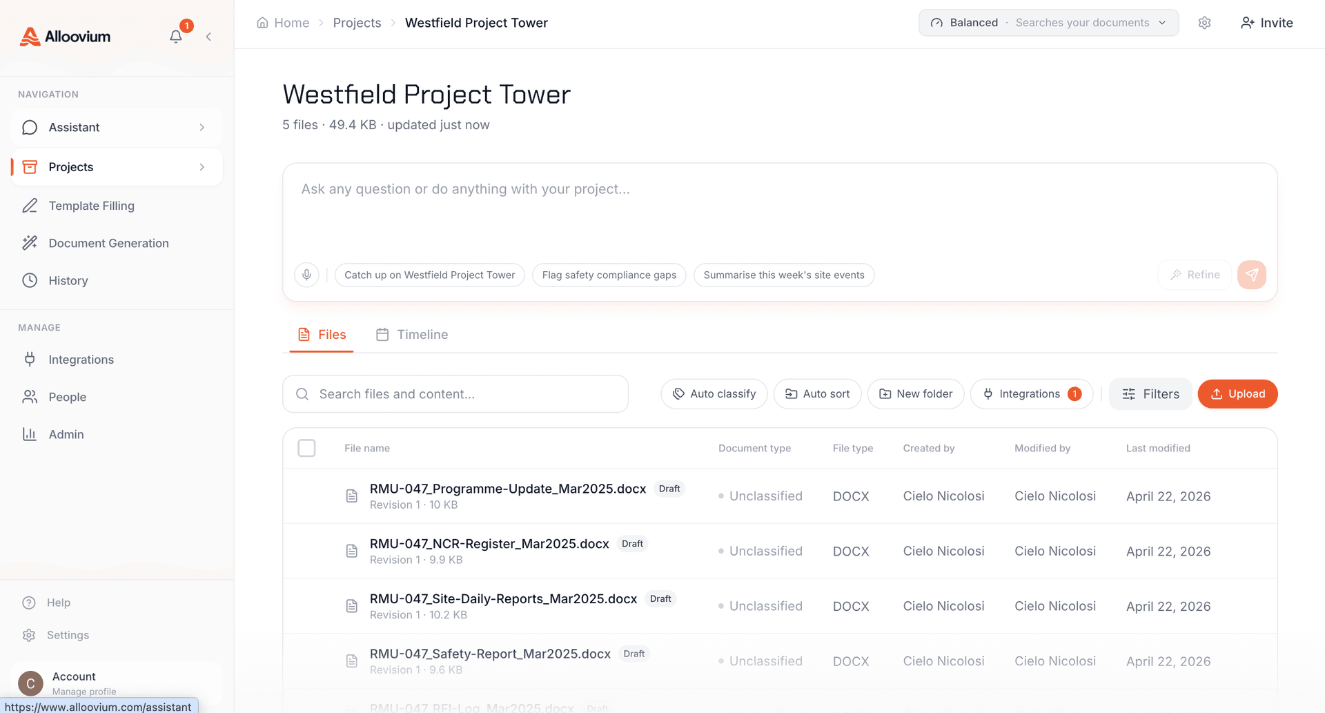 Project view with folder tree on the left and document list on the right