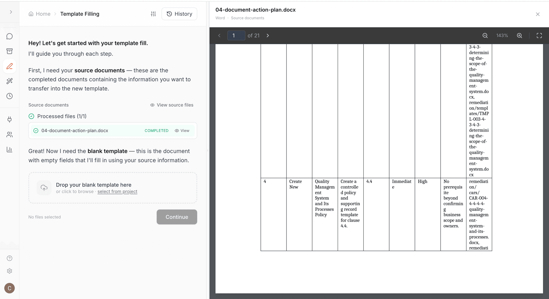 Template Filling wizard - source documents uploaded, blank template drop zone