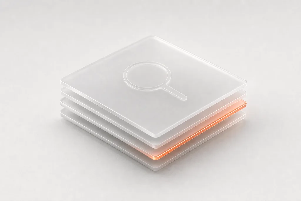 Frosted glass drawing sheets stacked, one edge glowing orange, with an etched search mark