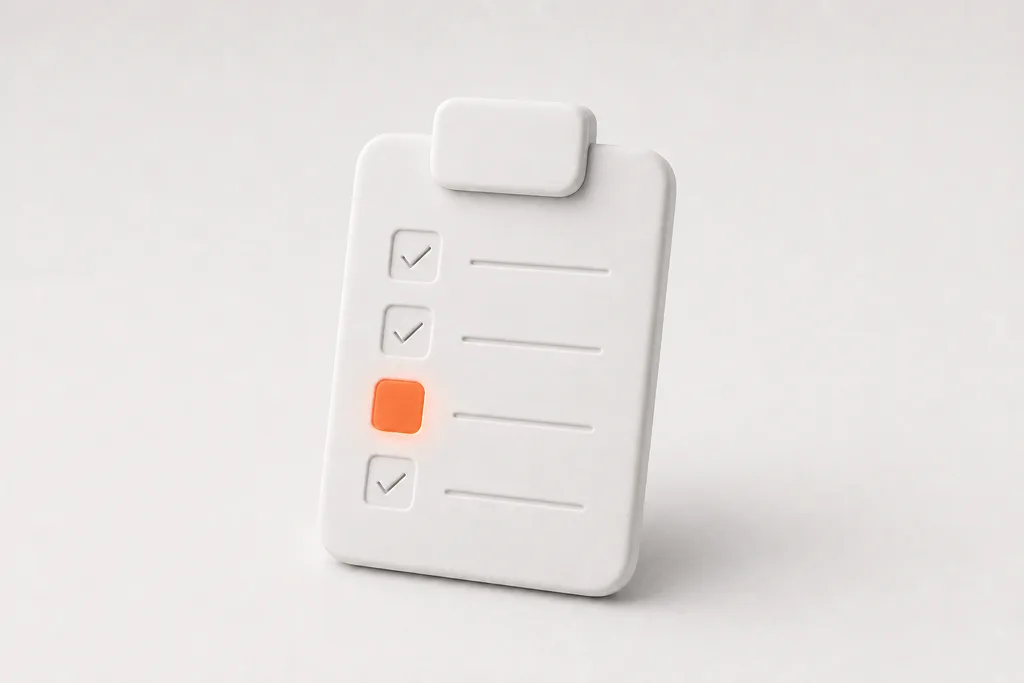 A ceramic clipboard with etched checklist rows, one check glowing orange