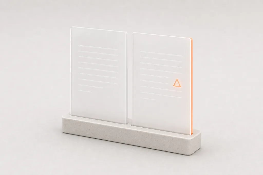 Two frosted glass document sheets side by side, the newer one edged in orange with a delta mark