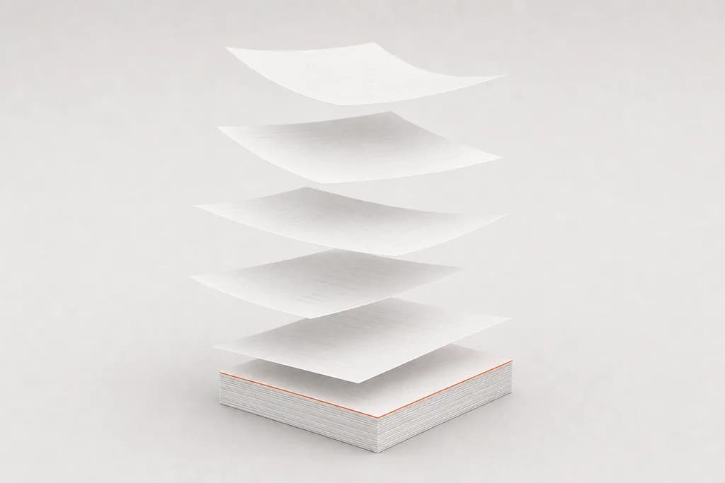 Loose drawing sheets settling into one neat stack with an orange-edged top sheet