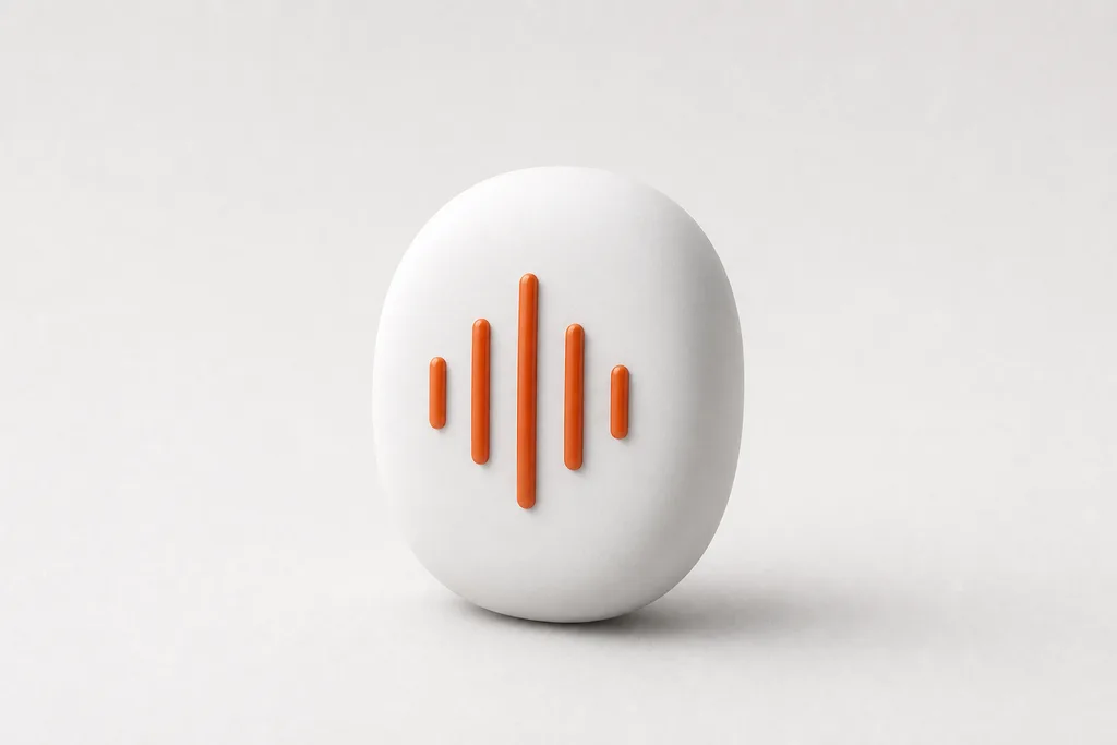 A ceramic pebble microphone with an orange waveform emerging from its face