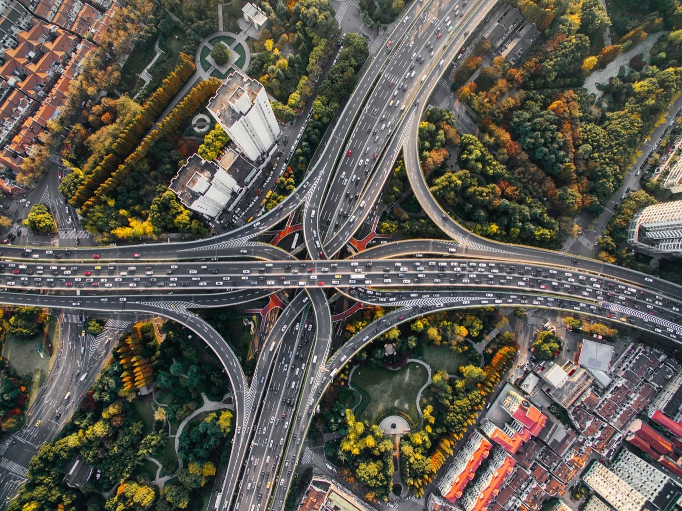Aerial view of a motorway interchange at capacity