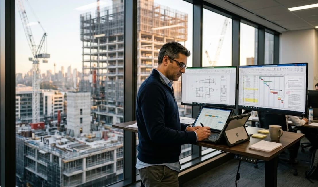A construction engineer reviewing drawings and a schedule from a site office overlooking live towers