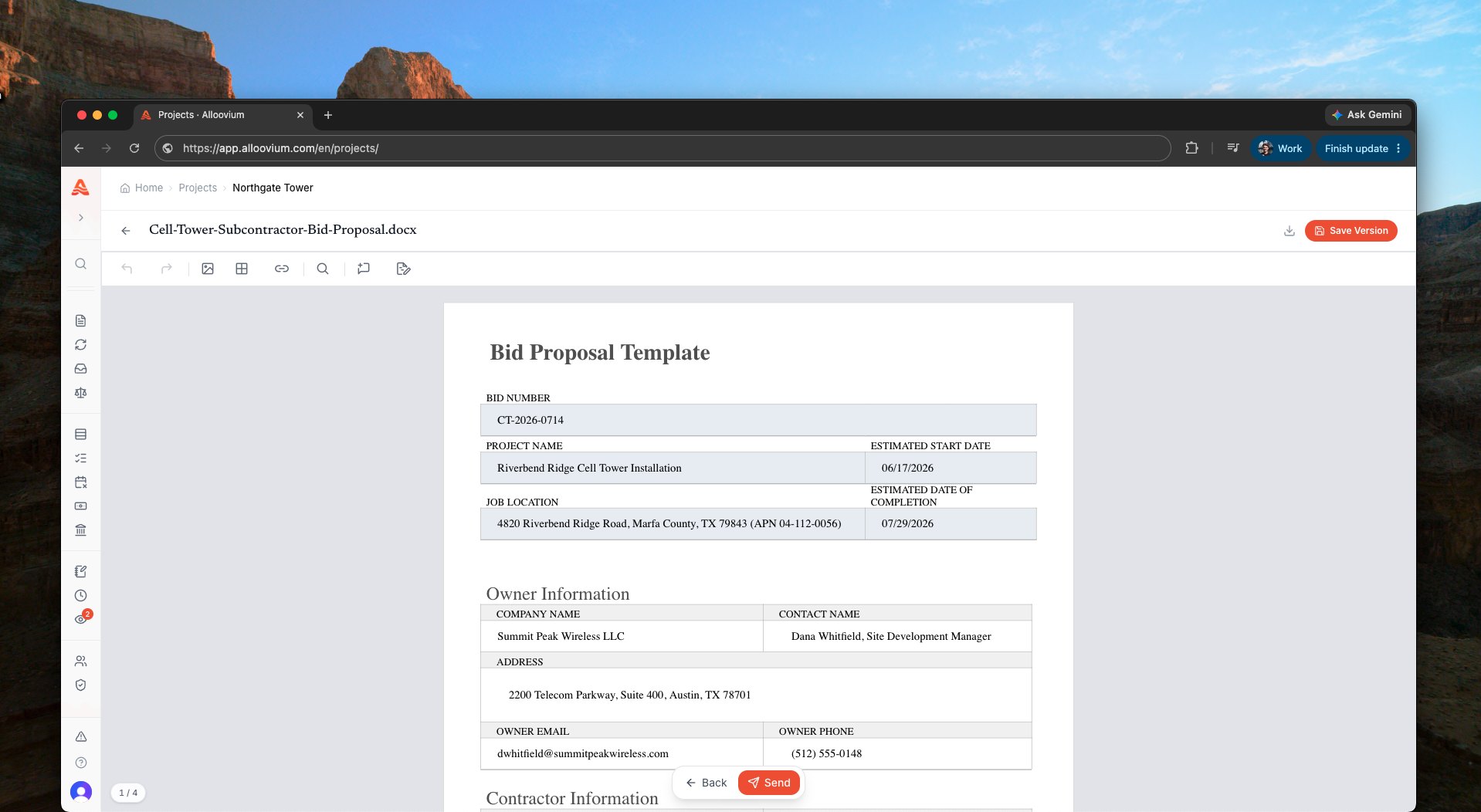 A bid proposal Word document open in Alloovium