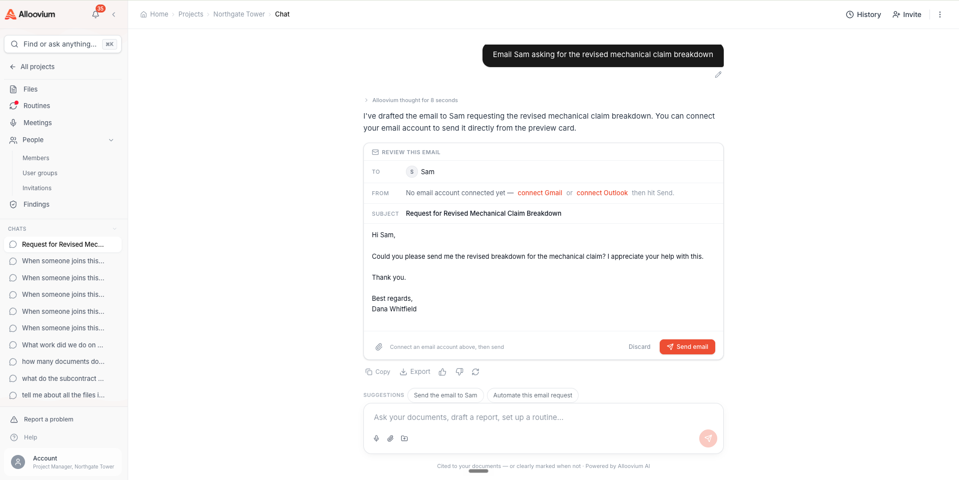 An email drafted from a one-sentence ask — the review card with the recipient chip, subject and body laid out like a mail client, and the Discard and Send email controls beneath it — with the assistant's message above explaining what it prepared.