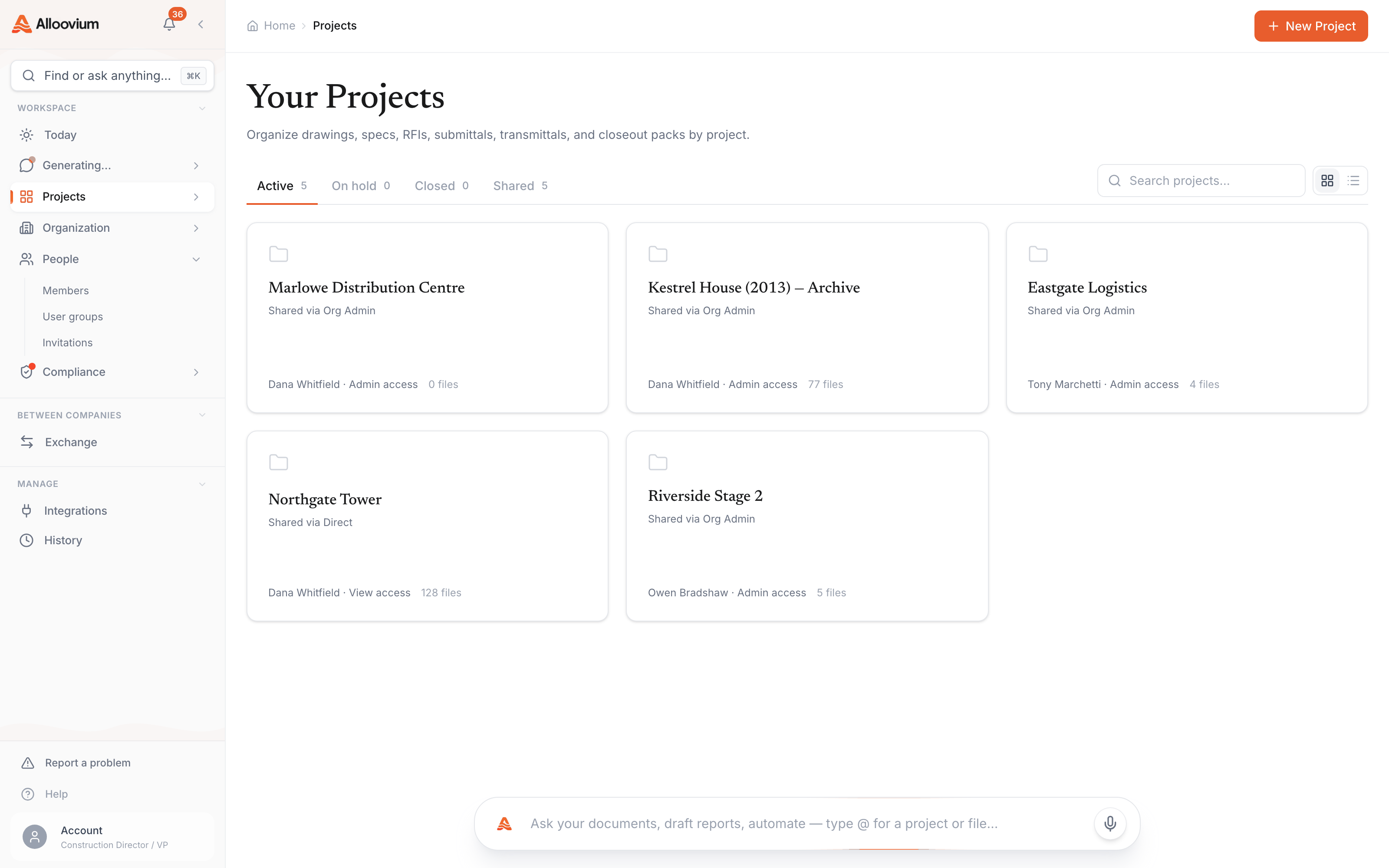 The Projects overview open while an answer keeps generating in the background, with the Assistant item in the sidebar showing a pulsing Generating… indicator that jumps back to the in-progress conversation.