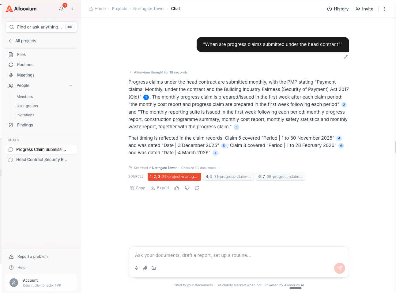 The AI Assistant chat view inside a project, with a user question in the message thread and a completed answer below it carrying numbered citation badges. The ask bar sits at the bottom with the attachment and microphone icons visible.