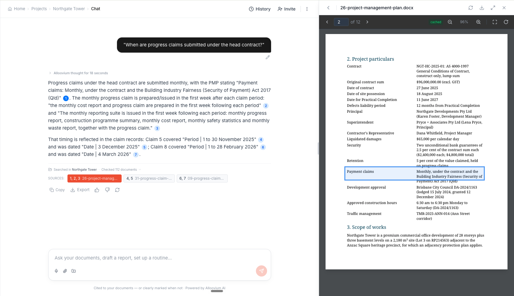A finished answer with inline numbered citation badges in the text and the source document viewer open beside it, showing the cited passage highlighted after clicking one of the citations.