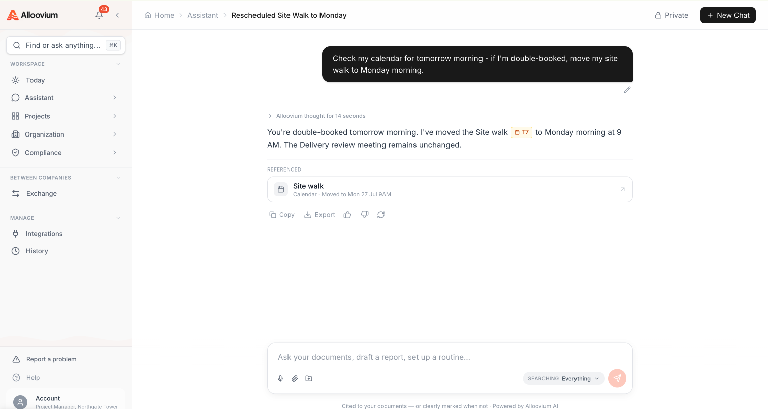 A conditional ask completed in one turn — the assistant reports the calendar check ('You're double-booked tomorrow morning'), makes the move the condition called for, and lists what changed under Referenced: 'Site walk — Calendar · Moved to Mon 27 Jul 9AM'.