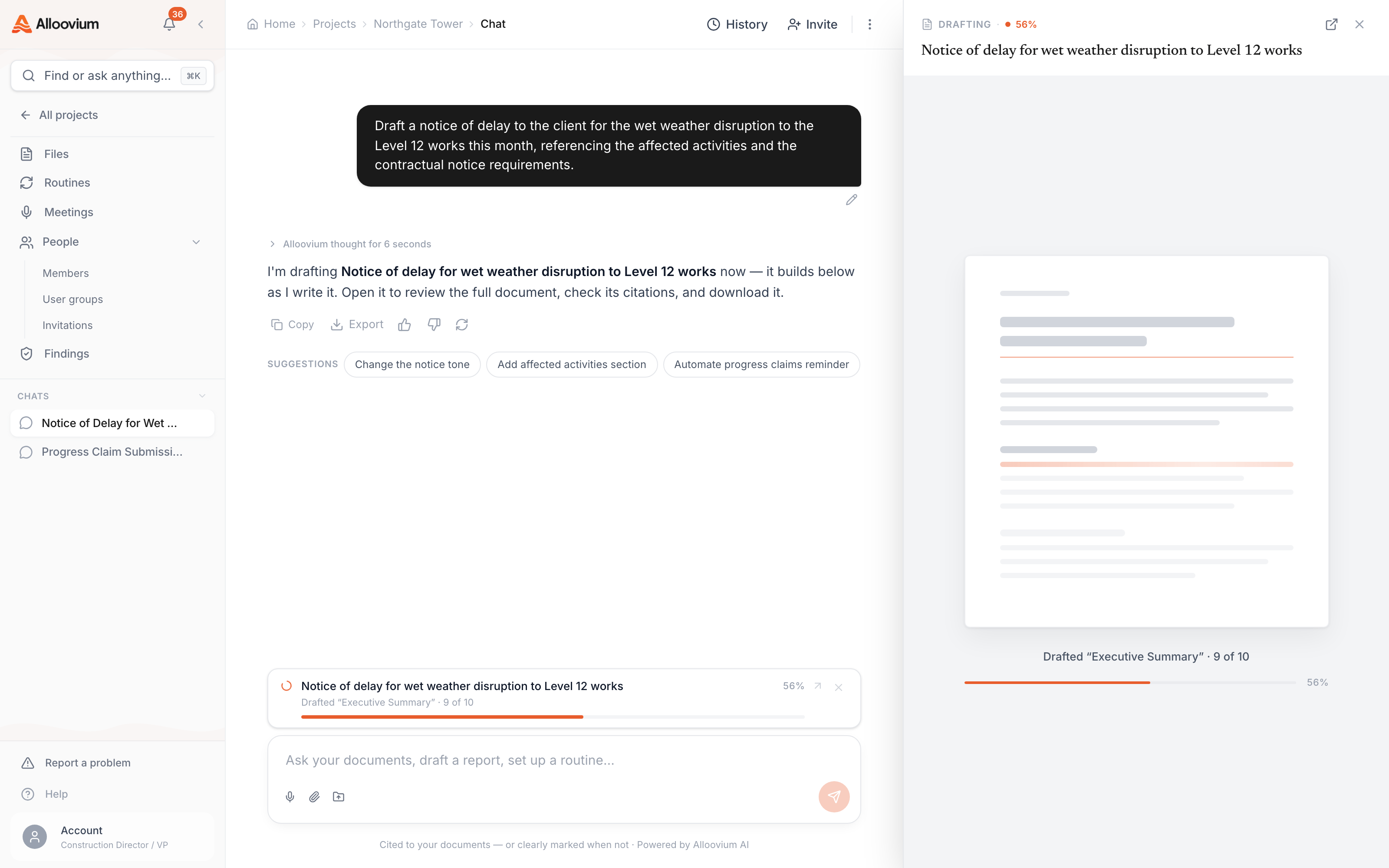 A generation in progress — the drafting request in the chat on the left, and the draft taking shape in the side panel on the right, each section writing in with the live progress shown as it completes.