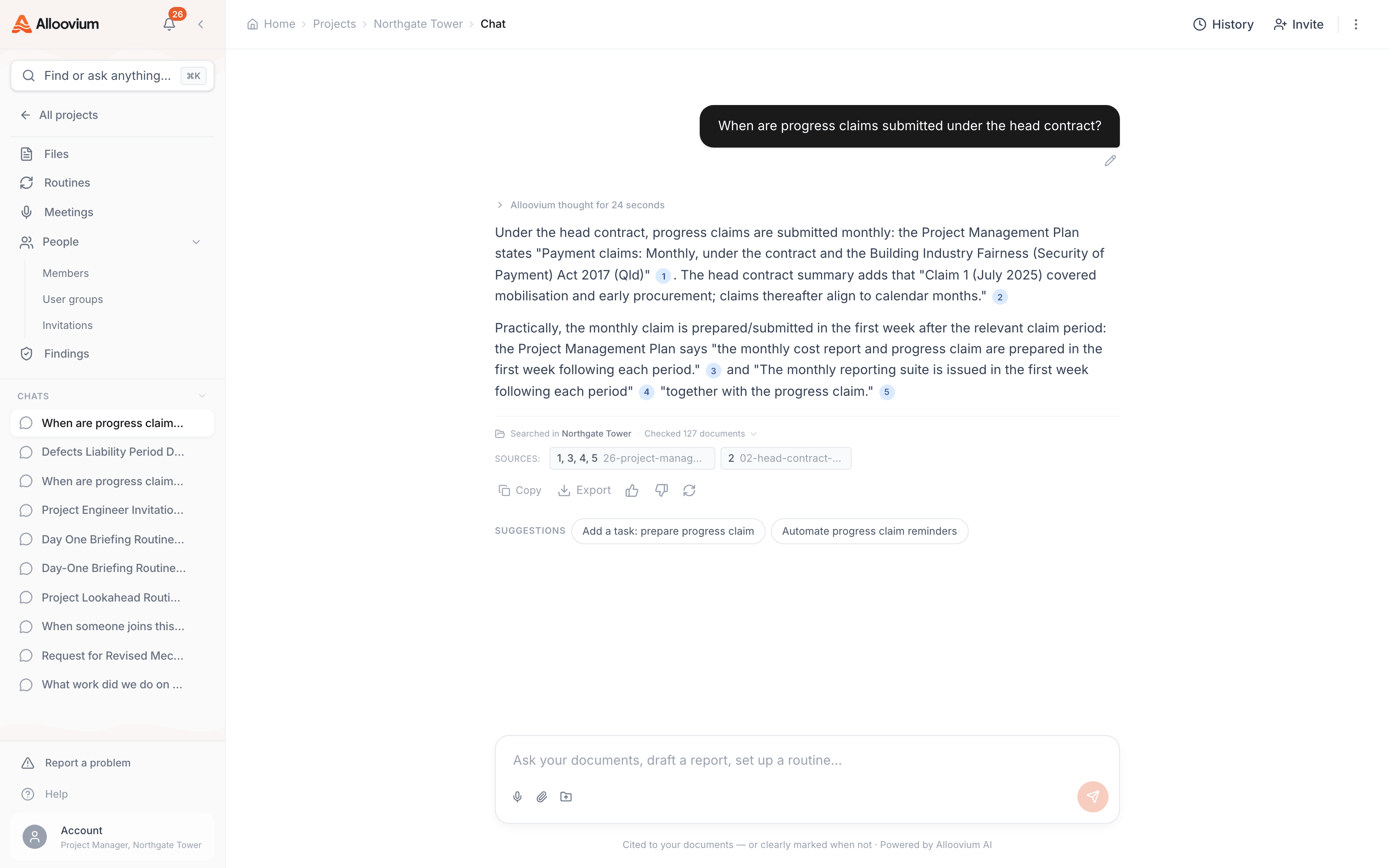A completed answer with numbered citations and its sources row, and the follow-up suggestion chips underneath — a one-click task from the answer, and an "Automate progress claim reminders" chip offered because the same question had been asked several Fridays running.