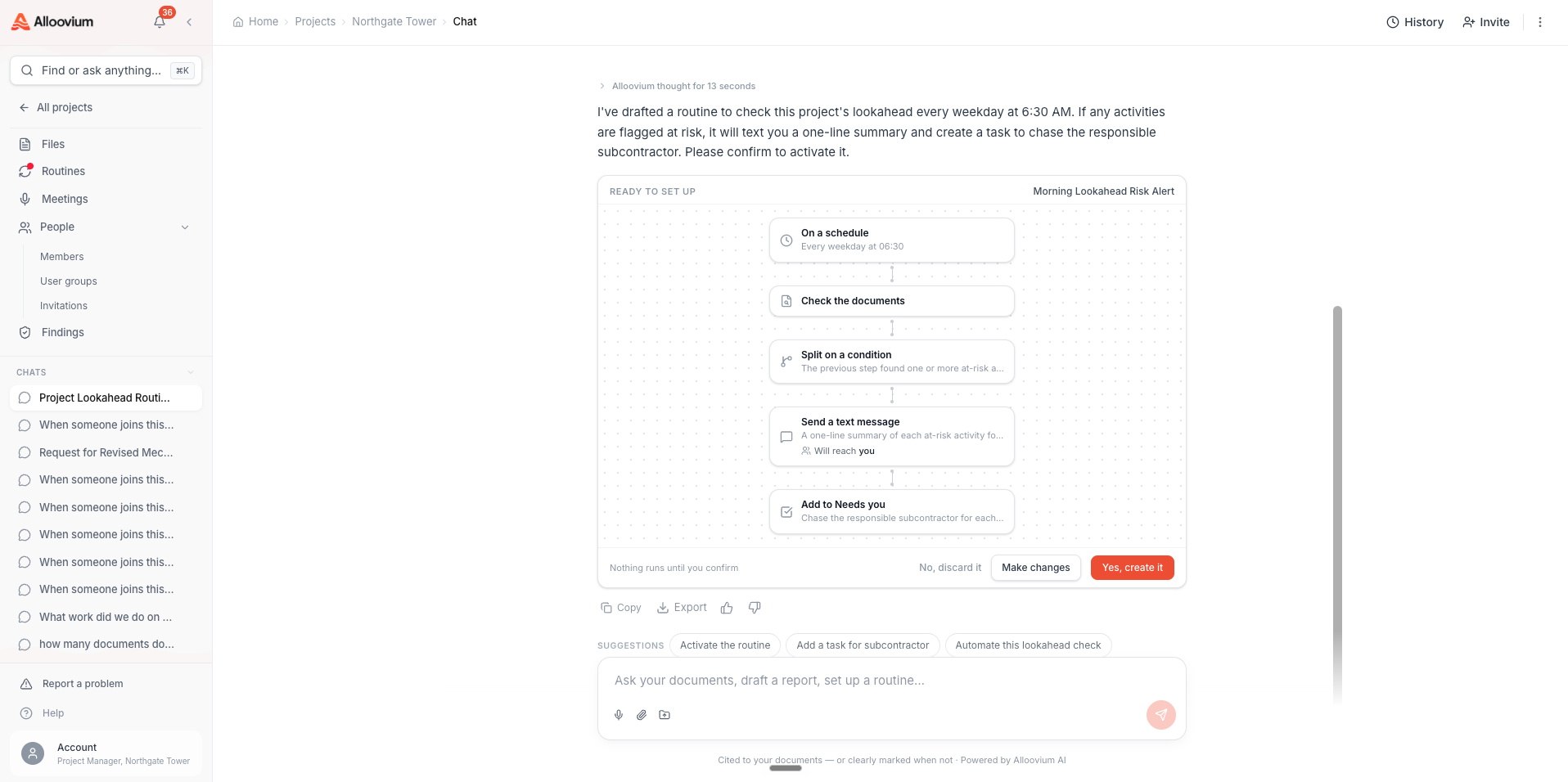 The ready-to-set-up card after a one-sentence routine ask — the schedule trigger at the top, the steps laid out in order down to the text message and the Needs-you task, and the Yes-create-it control gated behind 'Nothing runs until you confirm'.