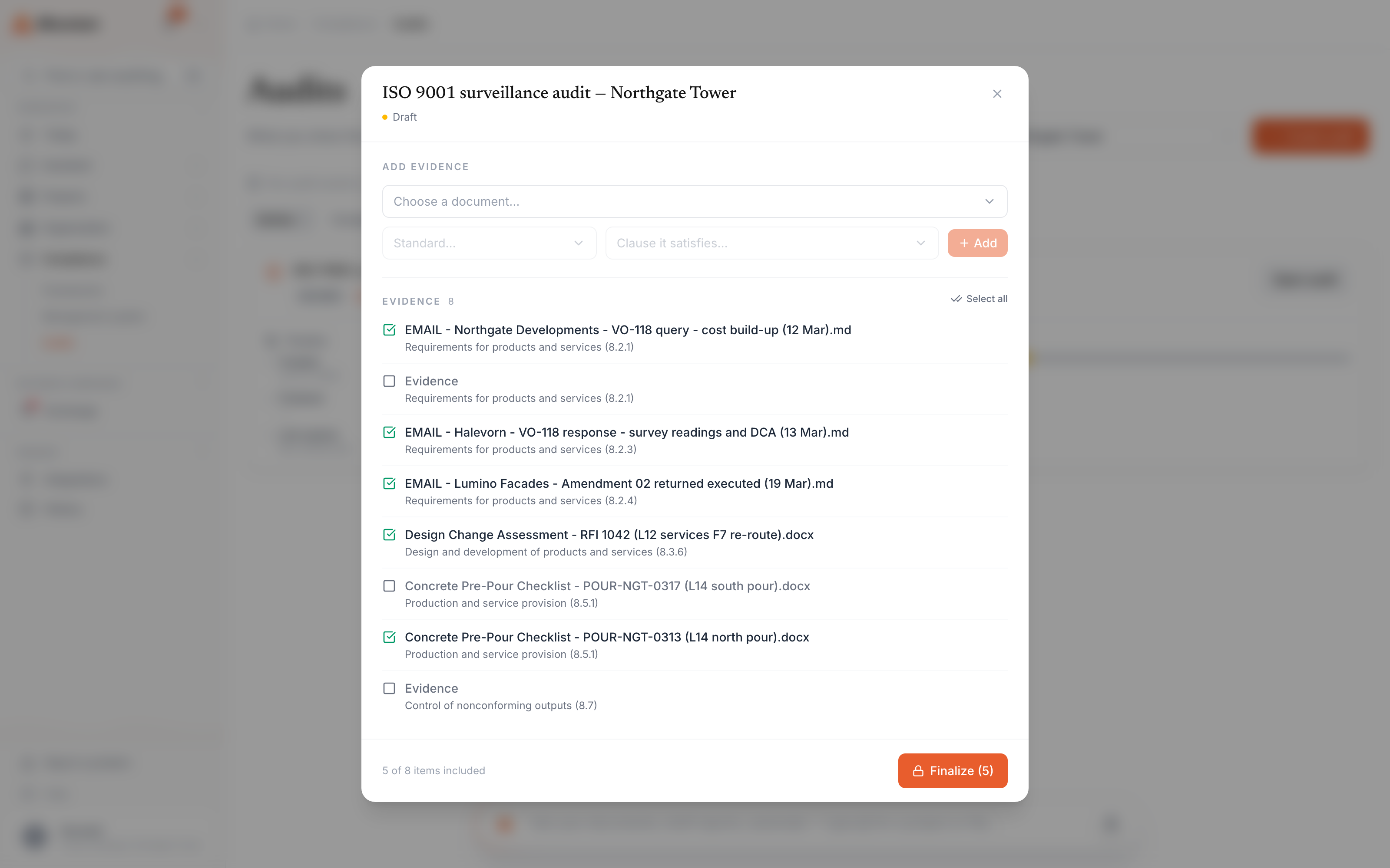 A draft pack mid-assembly: the evidence list with documents mapped to the clauses they satisfy, per-item inclusion toggles in mixed on/off states, and the Finalize action visible but not yet taken.
