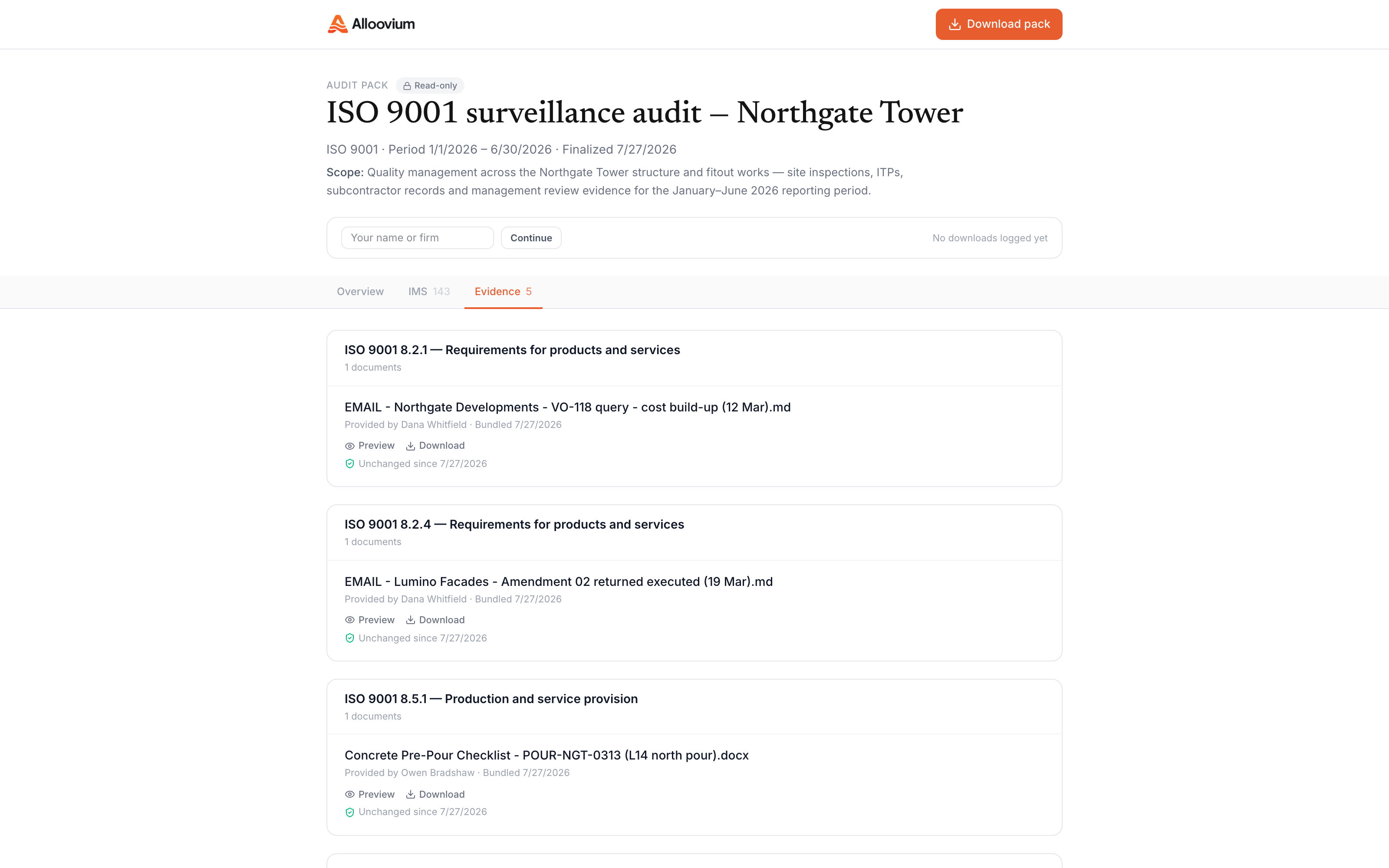 A finalized audit pack as the auditor receives it through the read-only share link: evidence documents grouped under the clauses they satisfy, the finalized-on date in the header, and every file byte-frozen — re-checkable against the SHA-256 manifest in the download.