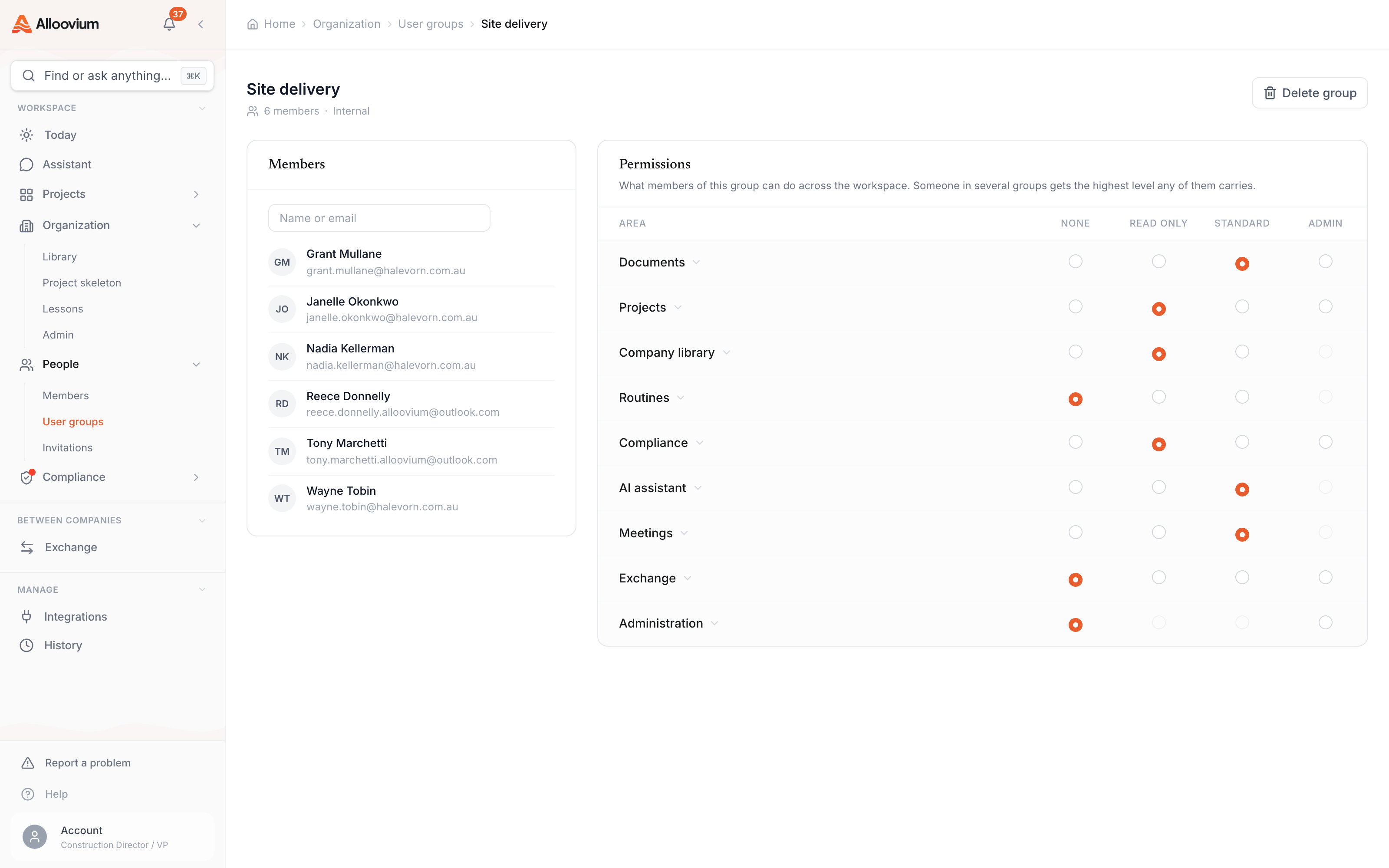 A group detail page at Organization → People → Groups — the group's name and member count at the top, the members roster on the left, and the permission matrix on the right with area rows set to a mix of None, Read only and Standard.