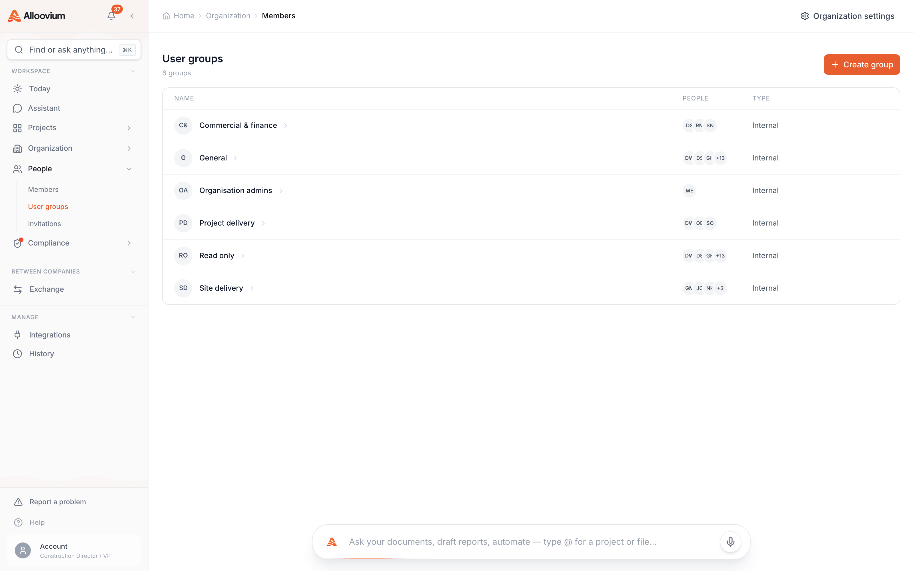 Organization → People with the Groups section active — the user groups table with member facepiles and group type, including the automatically created Read only and Organisation admins groups, and the Create group button.