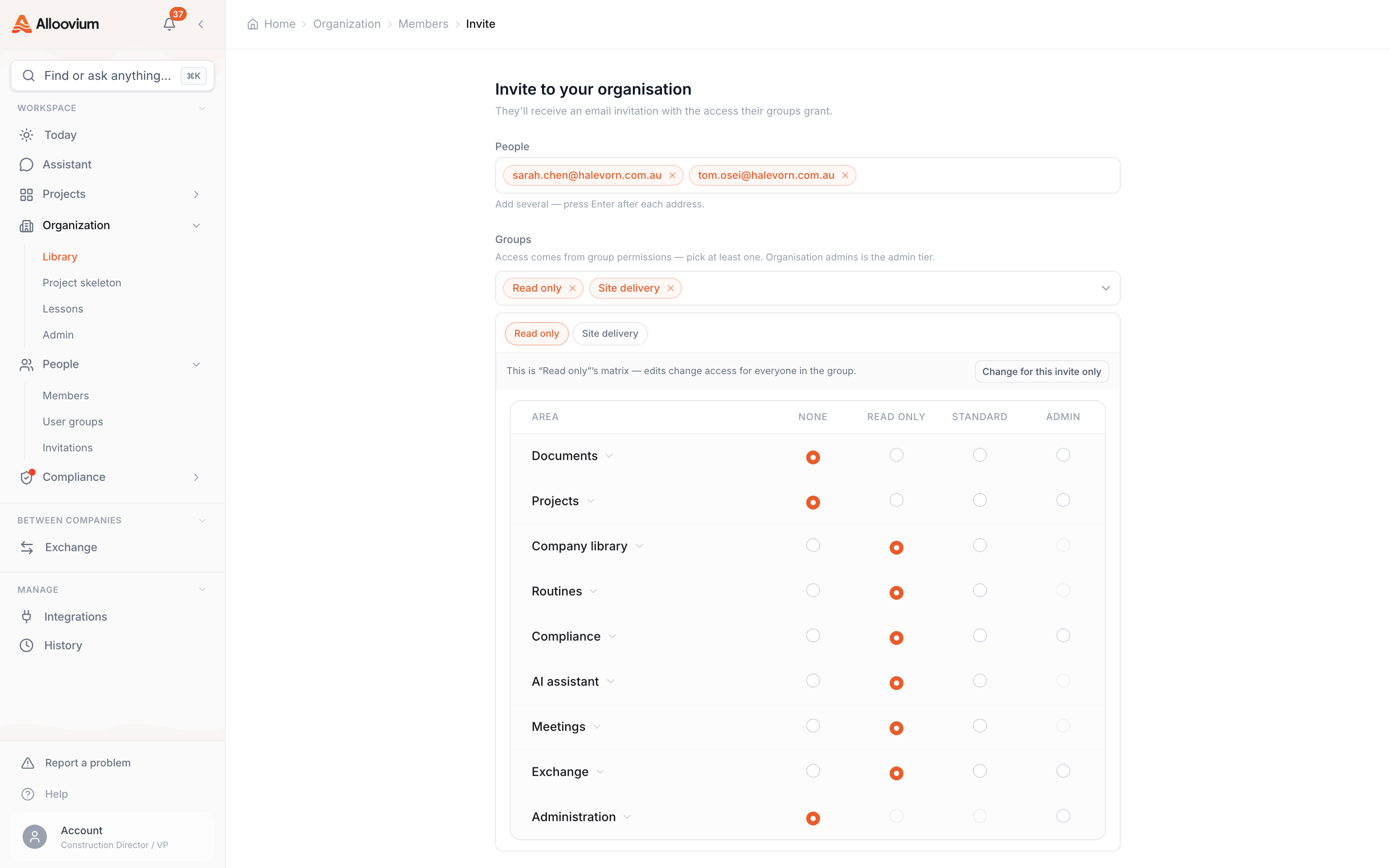 The org invite page — two staged recipient chips in the email field, the Groups multi-select with Read only preselected plus a second group, and the expanded permission preview beneath showing exactly what the selection grants.