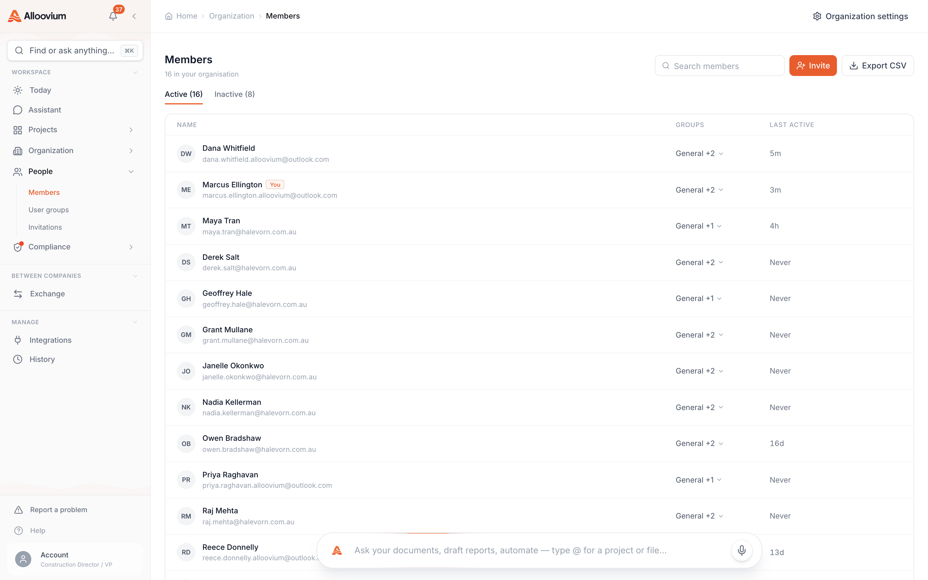 The Organization → People members list — Active and Inactive tabs, each member with their group chips and last-active time, and the Invite and Export CSV controls in the toolbar.