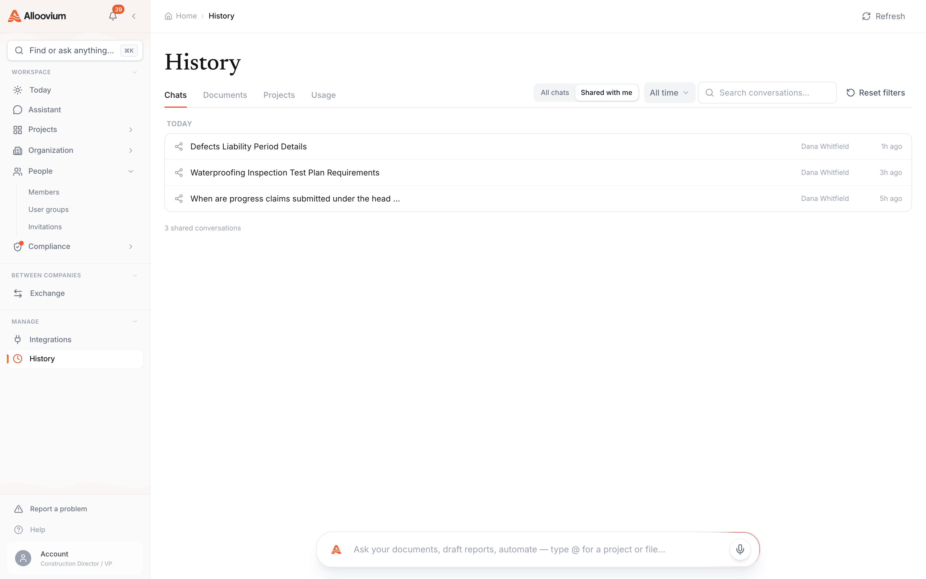 The Shared with me scope on the Chats tab — three conversations a teammate has shared, each row carrying the share icon, the conversation title, and the sharer's name.