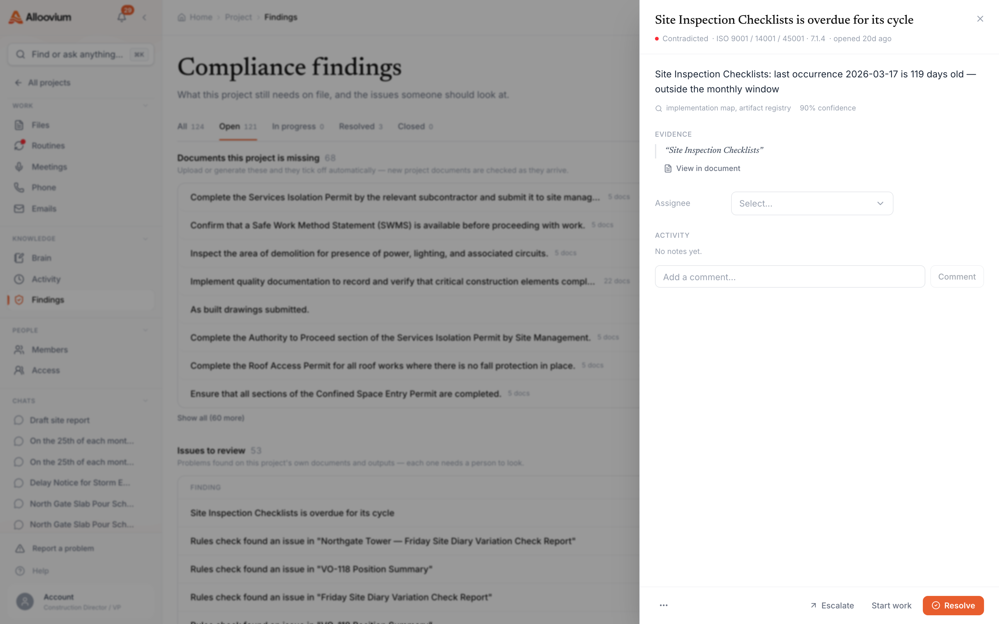 A project's Compliance findings board — the documents the project is missing and the issues to review, with one finding open in the side panel showing its verdict, the evidence it cites, the assignee picker and the resolve actions.