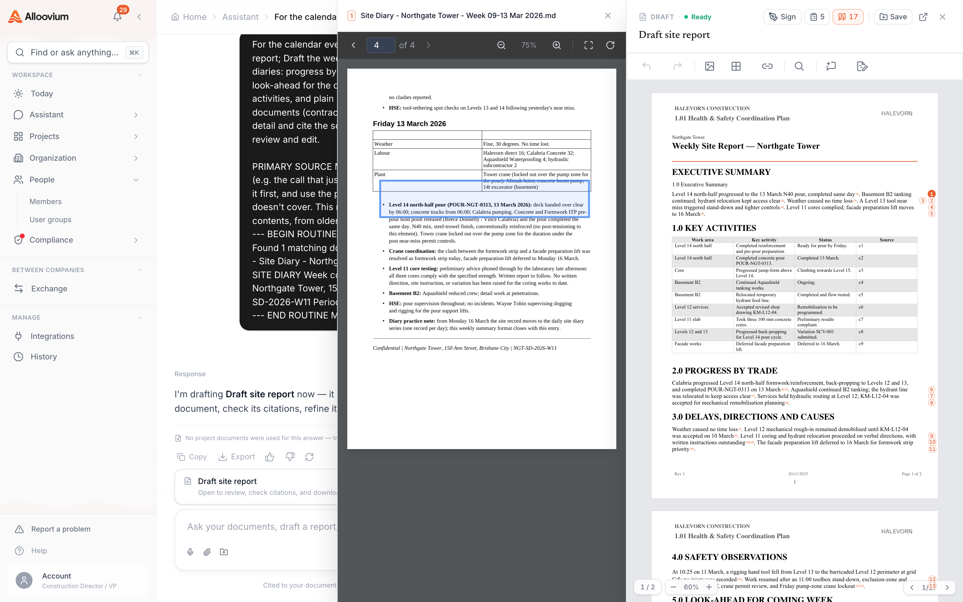 A finished draft open for review — citation markers through the text, with one citation opened to the site diary behind it and the cited lines highlighted in the source.
