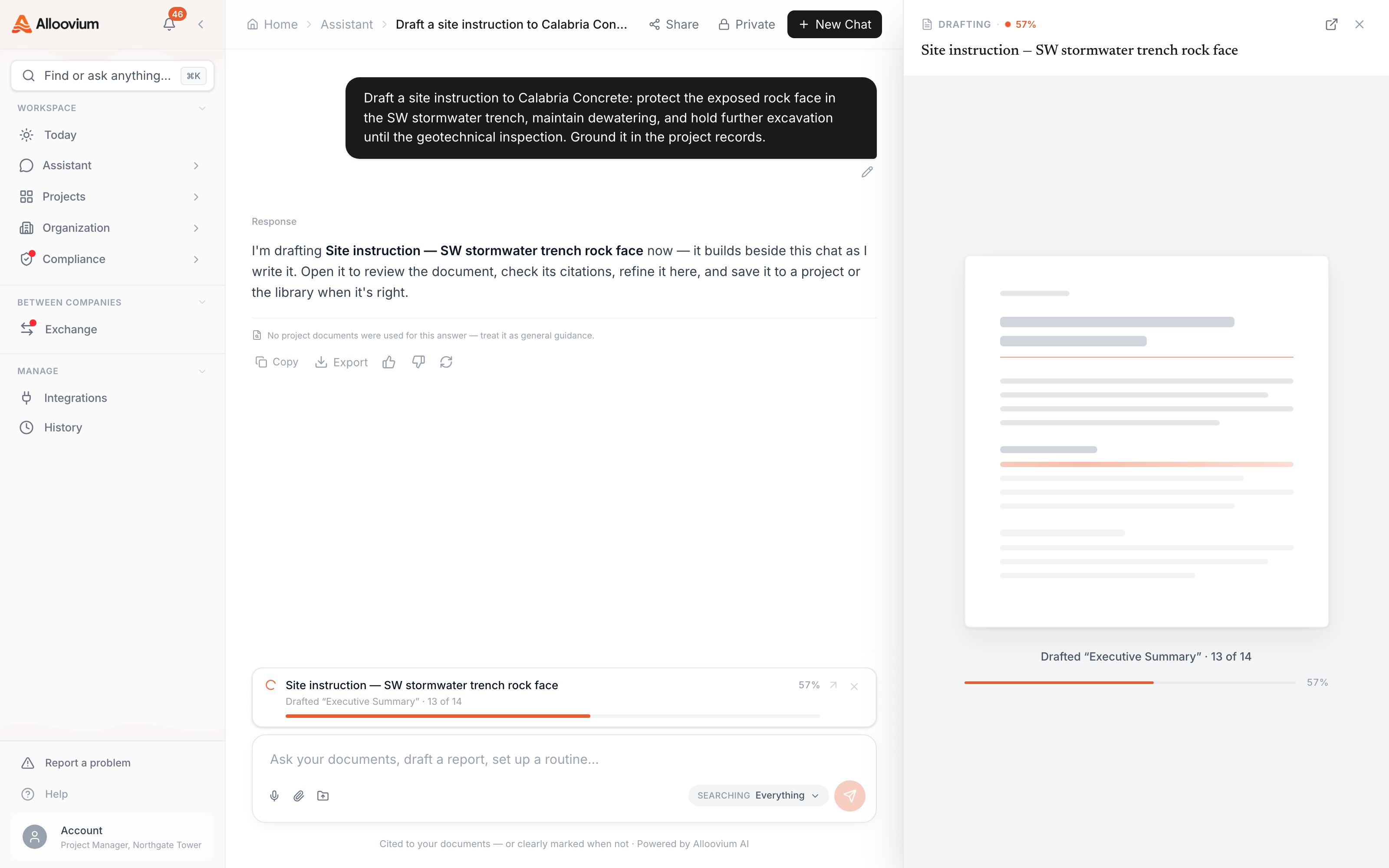 A document being generated — the request in the prompt, the draft building section by section beside the chat, and the run's progress tracked as each section lands.