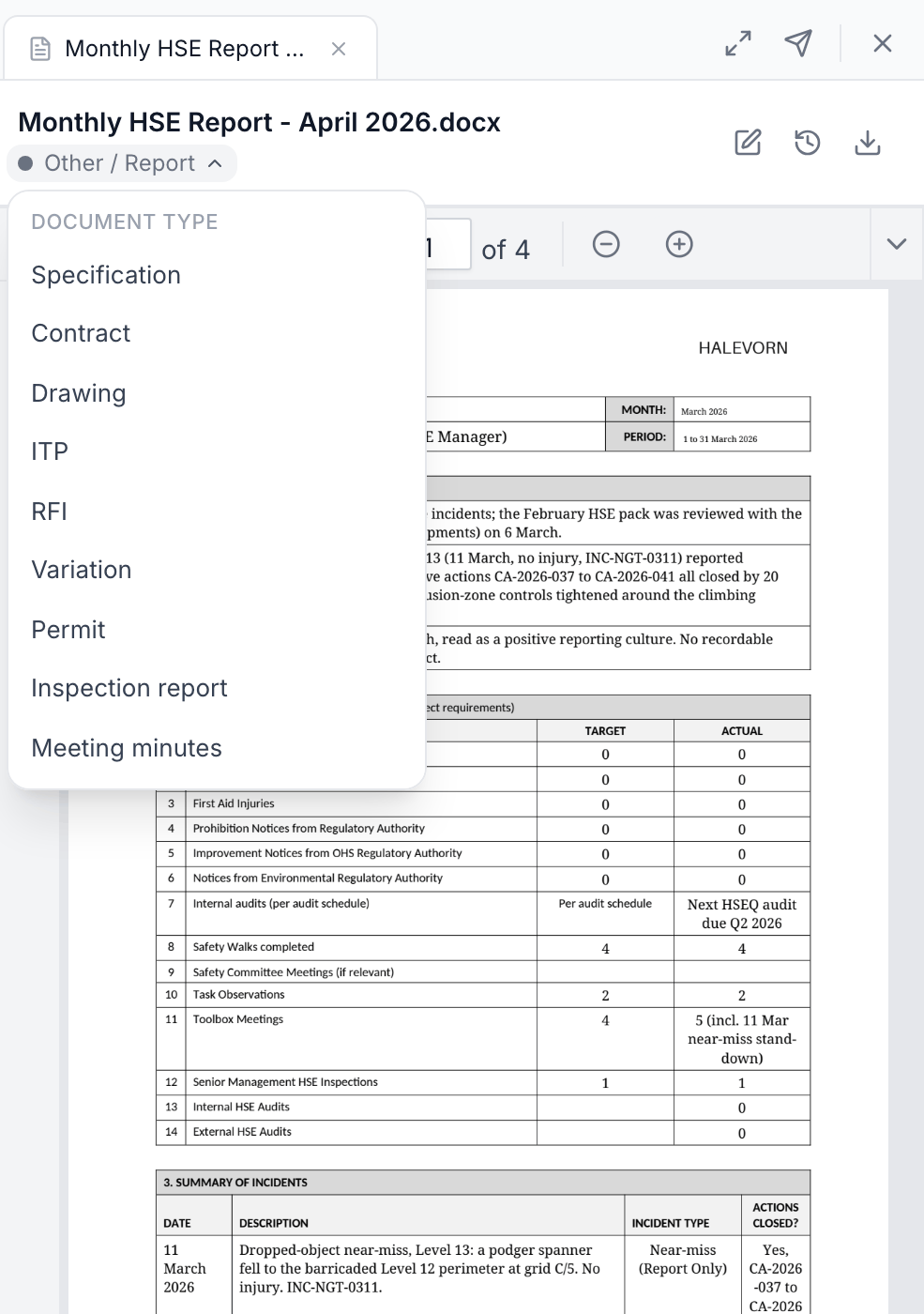 The document type opened for override on a document's detail panel — the auto-classified type shown beside the title, with the menu listing register types like Specification, Contract, Drawing and ITP ready to correct it.