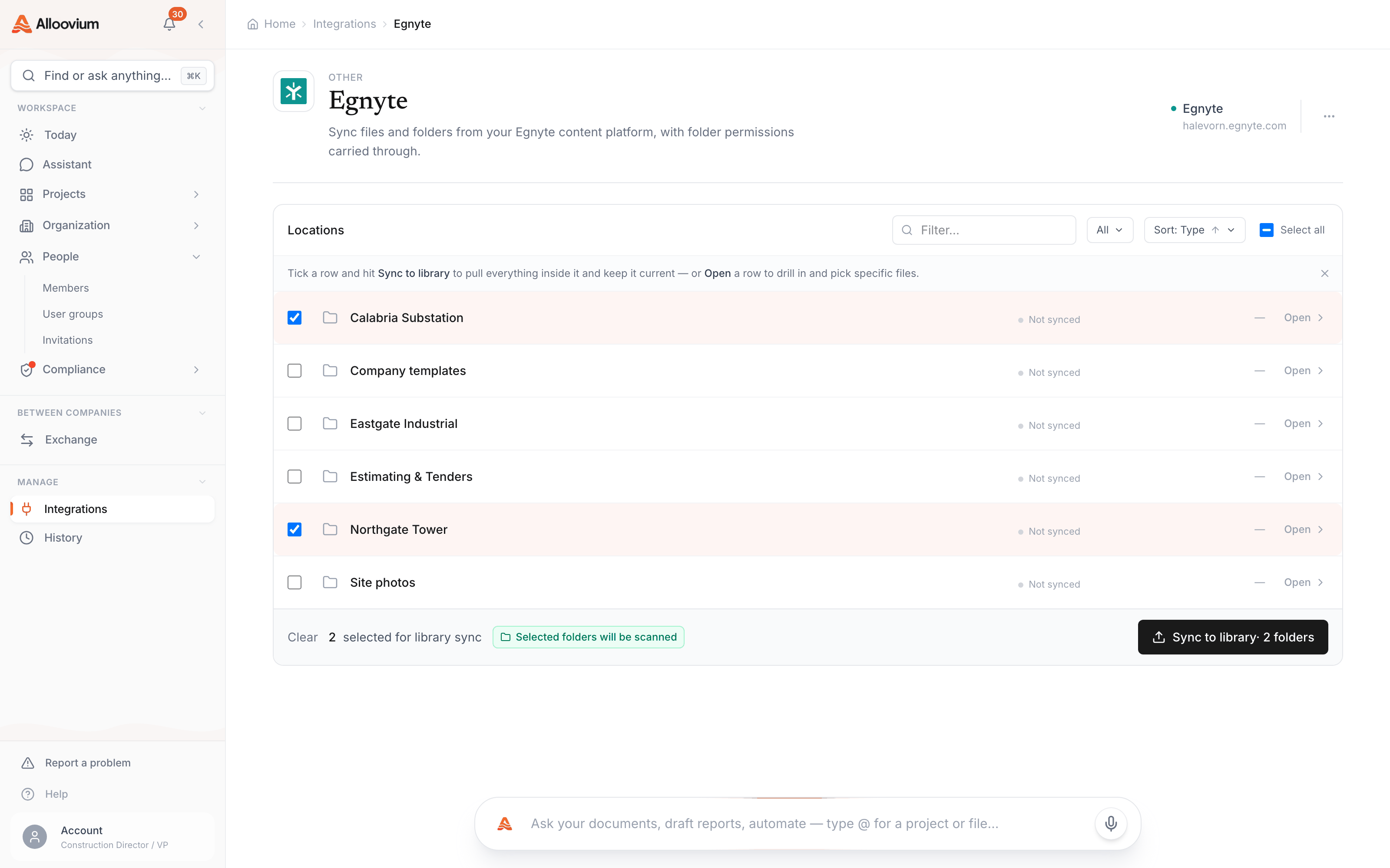The Egnyte browser after connecting — the domain's Shared space listed as sync locations, two project folders ticked, and the Sync to library action ready beneath the list.