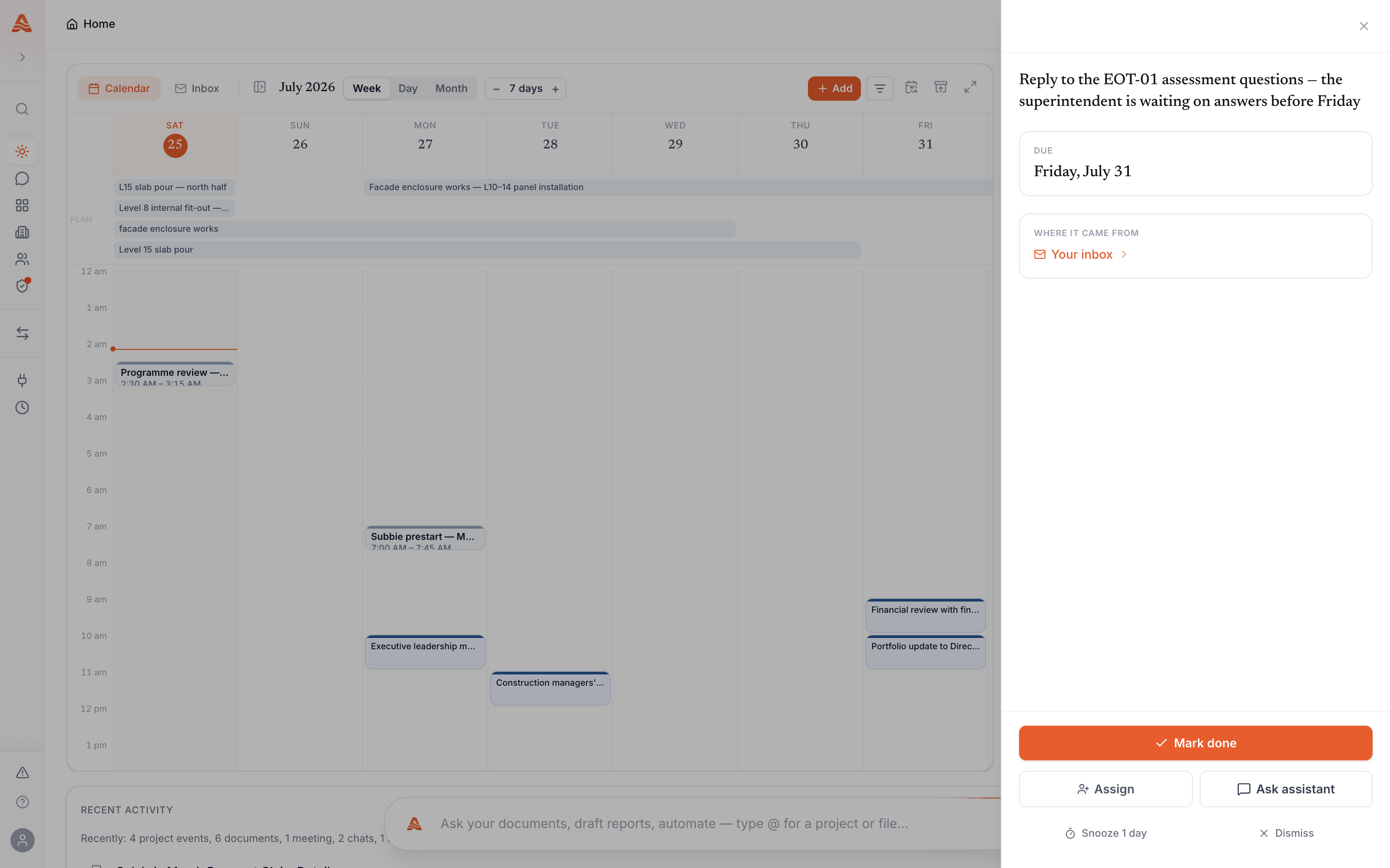 A to-do on Today raised from an email — the reply the superintendent is waiting on, with its due date and the 'Where it came from' link that opens the exact thread in the inbox.