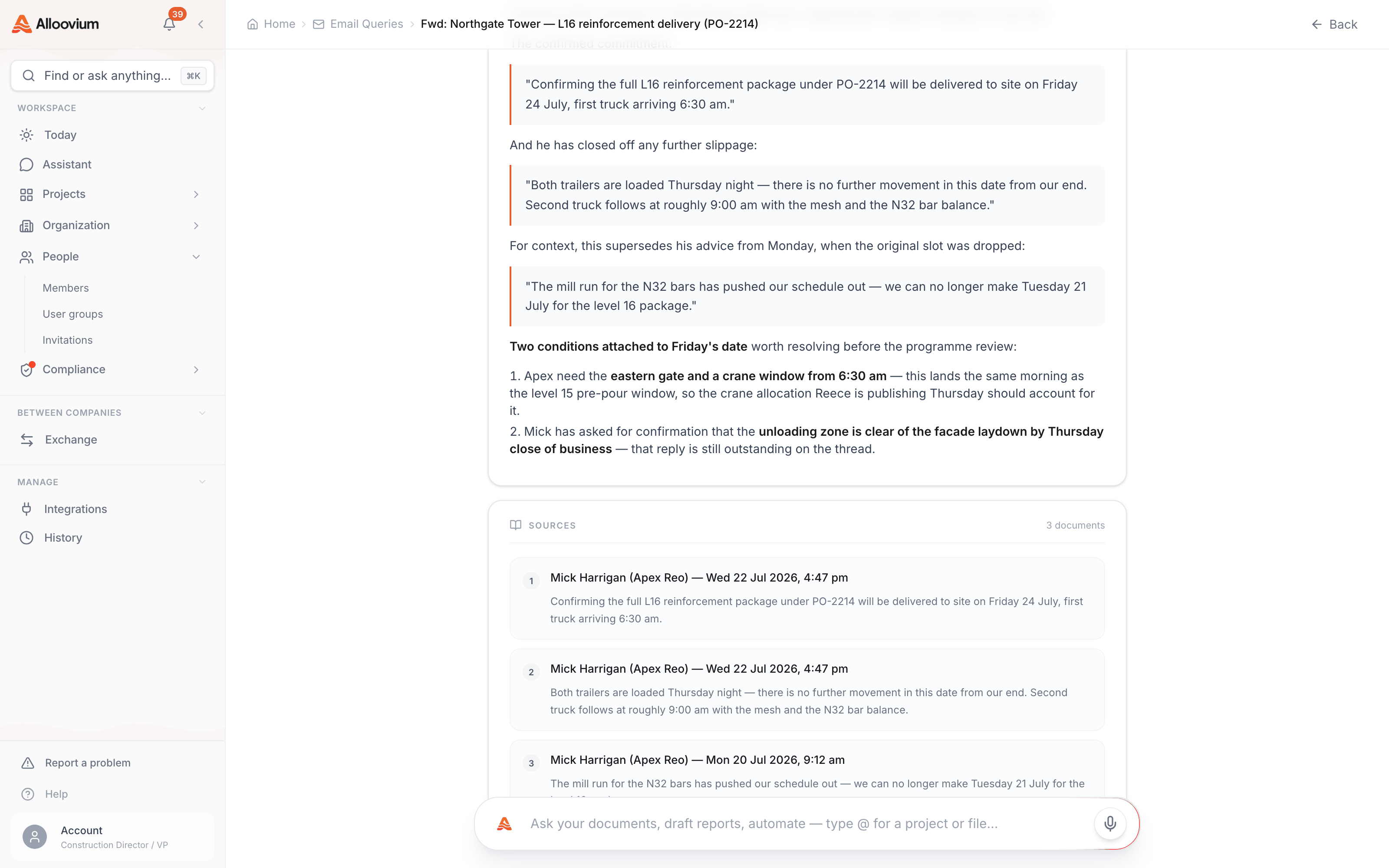 An answered email query about a supplier commitment — the assistant reply quoting the confirmed delivery date and the conditions attached to it, with the sources listed beneath naming the sender and date of each original email.