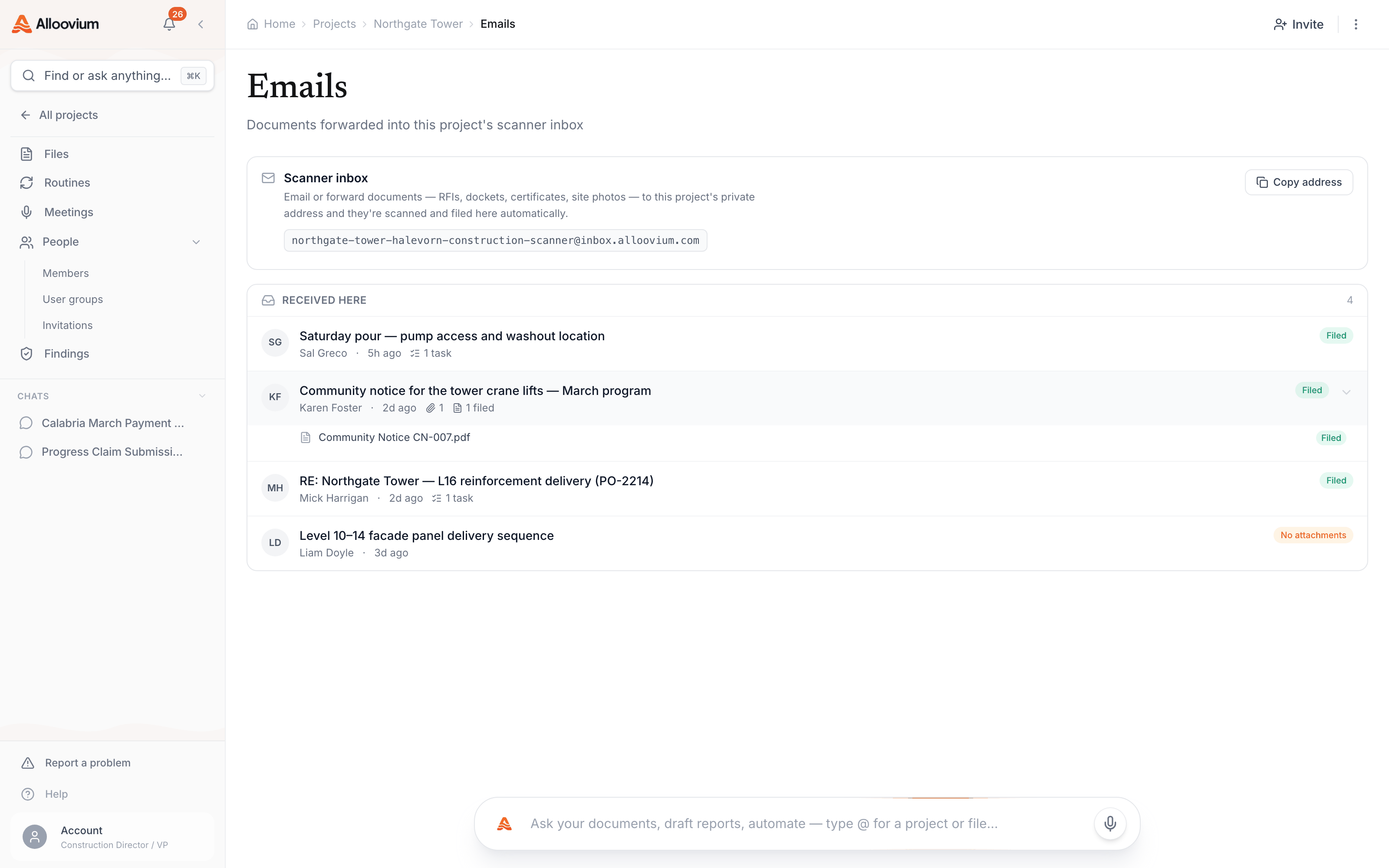 A project's Emails tab — the scanner inbox address at the top, and received threads listed with sender, subject and date. One thread carries a PDF attachment marked Filed: it has been processed and is searchable like any uploaded document, one click from the file itself.