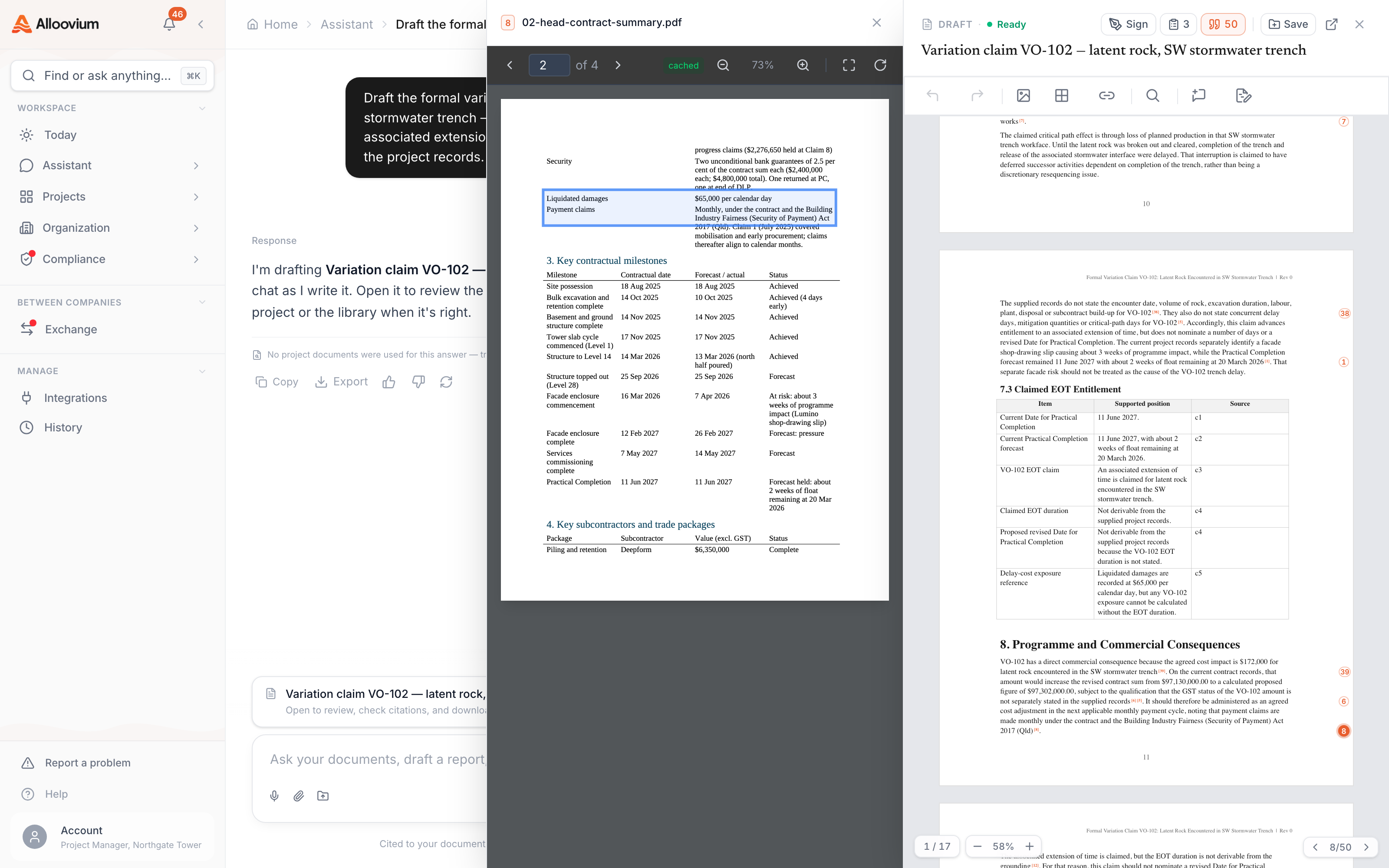 A drafted variation claim open for review — the claim narrative and entitlement table citing each supporting record, with one citation opened to the head-contract summary and the cited rows highlighted in the source.