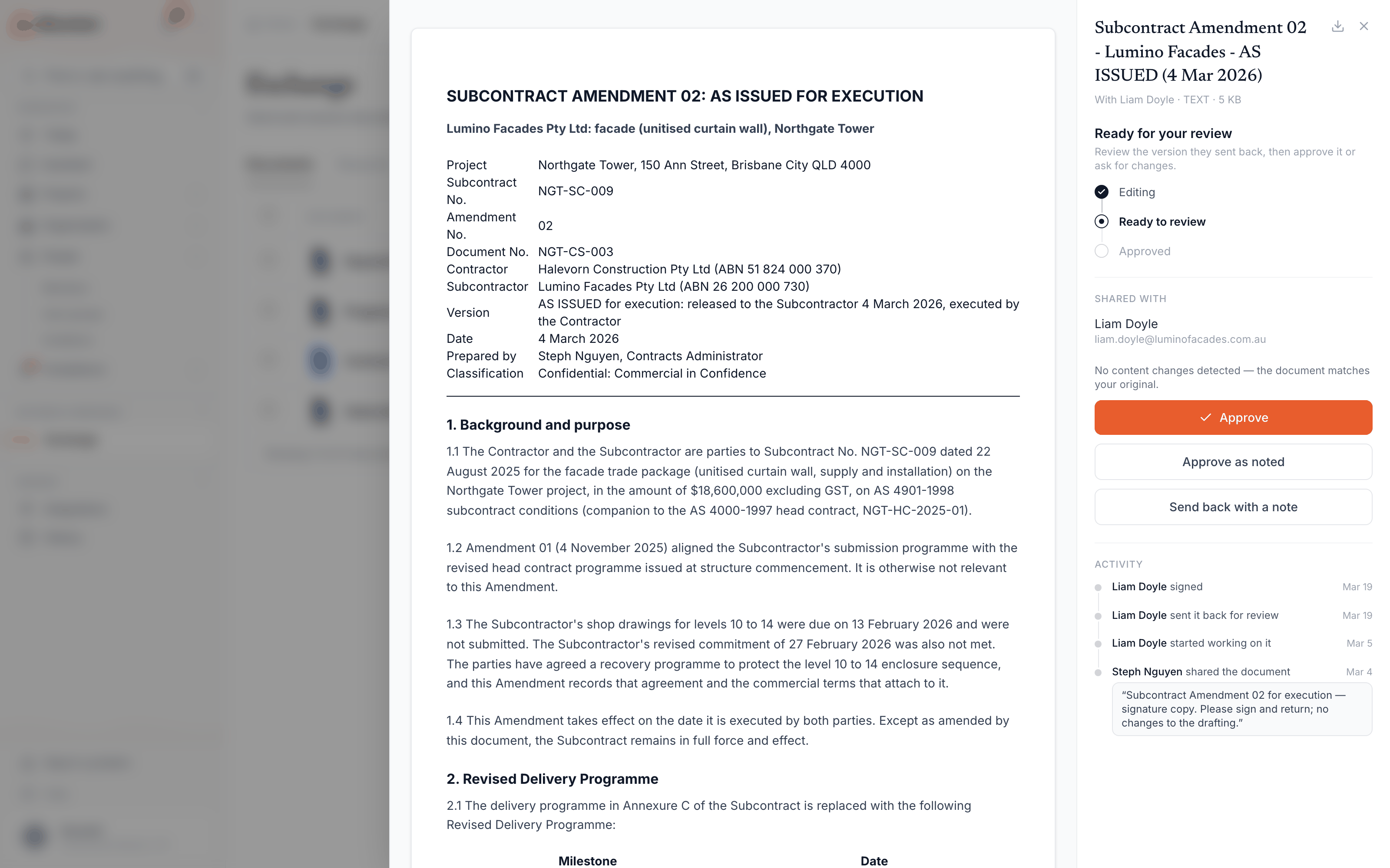 The trail behind a shared document — the status ladder from editing to approved, and the activity list recording who signed, sent back, started work and shared, each stamped with the person and date, with the original send note quoted.