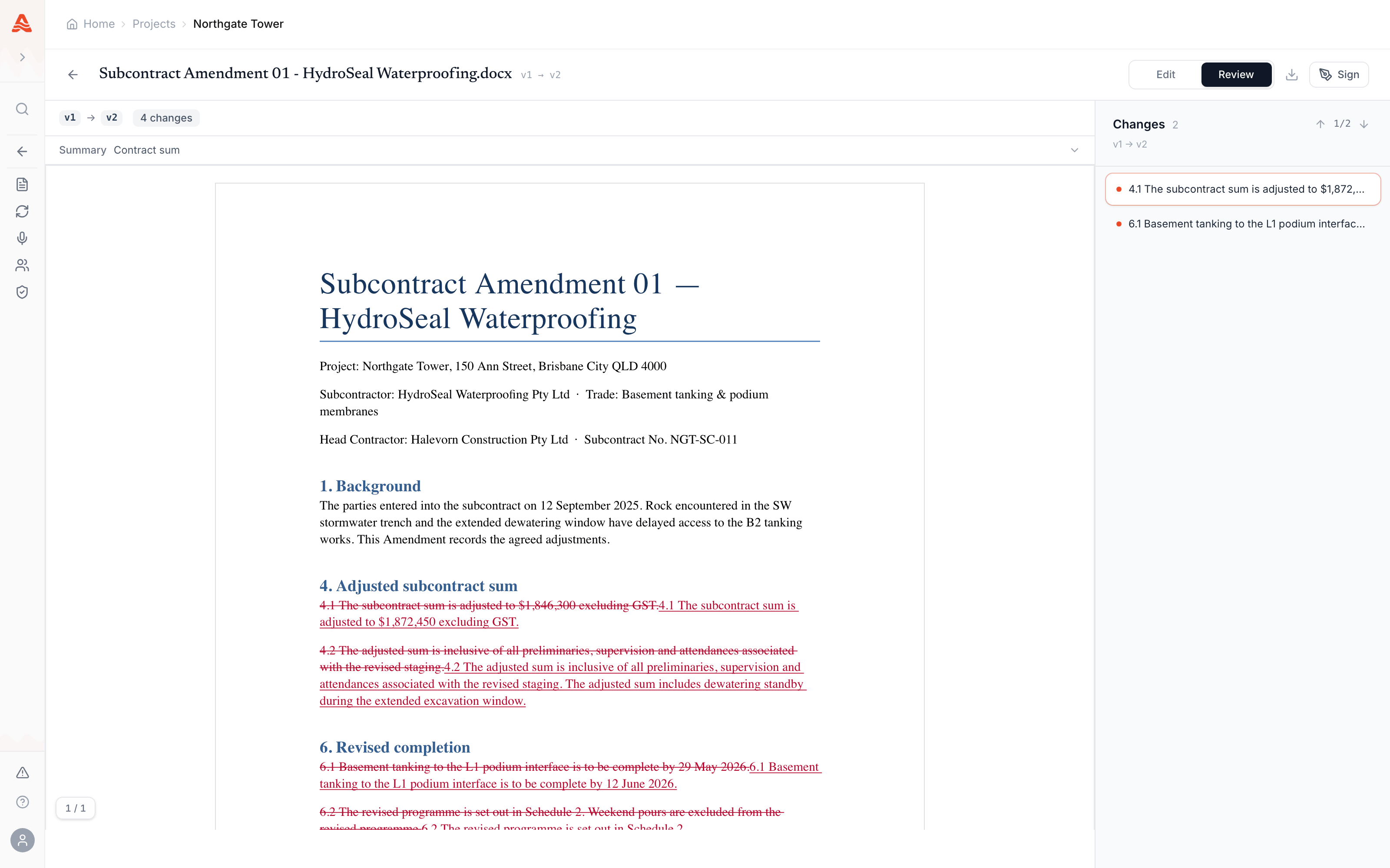 Review mode on a DOCX with two revisions — the amendment rendered with inline redlines (the old subcontract sum and completion date struck through, the revised figures and the added dewatering clause underlined), the Changes rail listing each modified clause with the jump-to-change arrows, and the v1 → v2 comparison and change count in the toolbar.