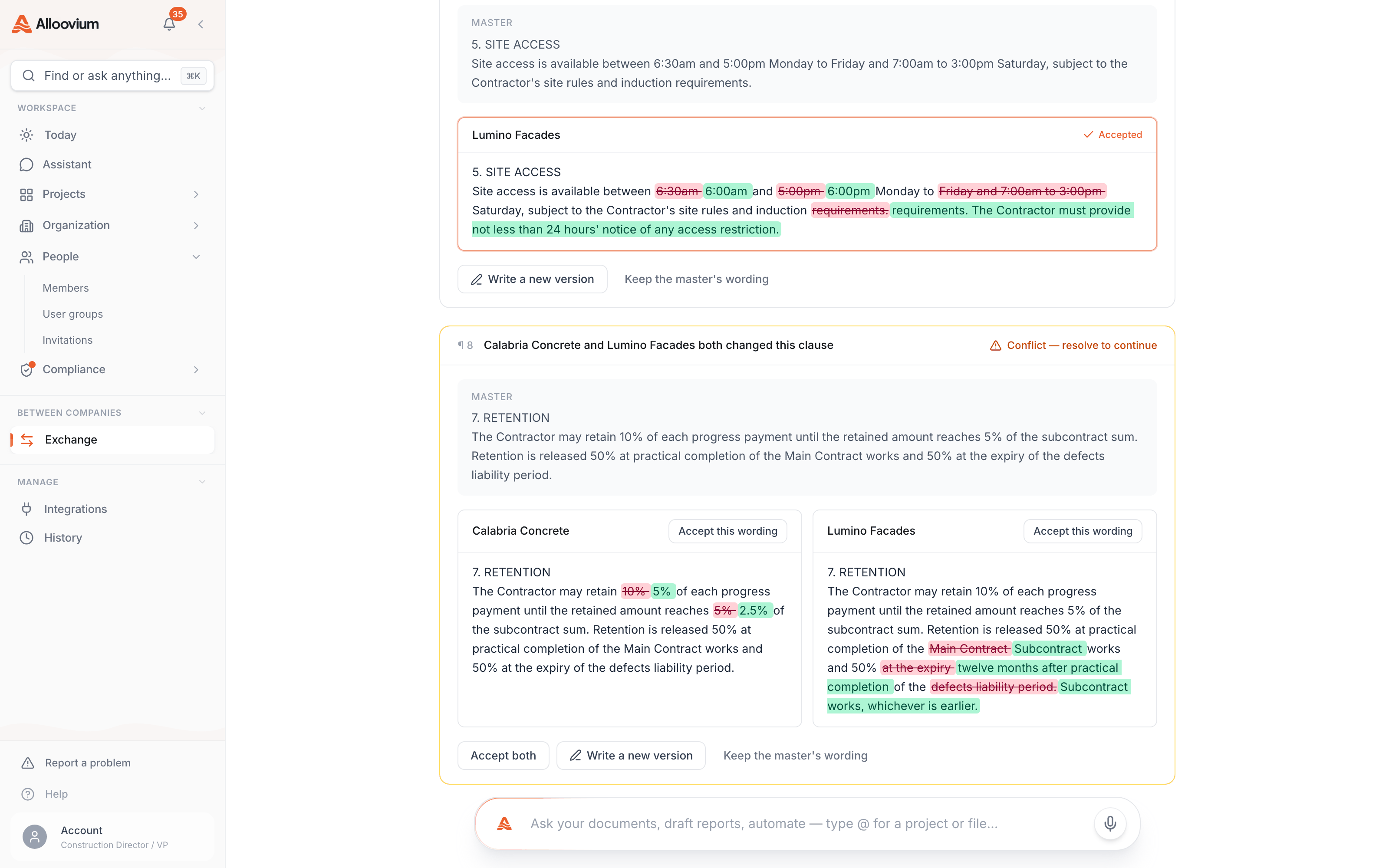 The merge review mid-walkthrough: two subcontractors' redlines on the same retention clause beside the master's wording, the inline conflict flag, and the resolve controls — accept either sub's wording, accept both, write a new version, or keep the master's.