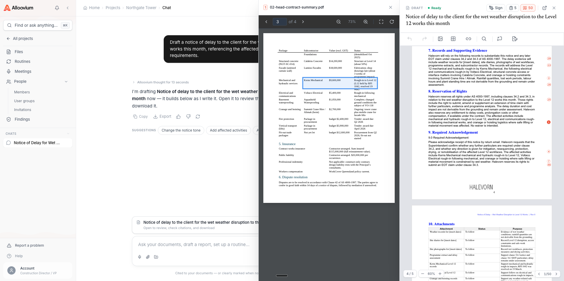 A drafted notice of delay — the request in chat on the left, the draft open with numbered citation chips through the body, and a cited source page open alongside with the referenced row highlighted.