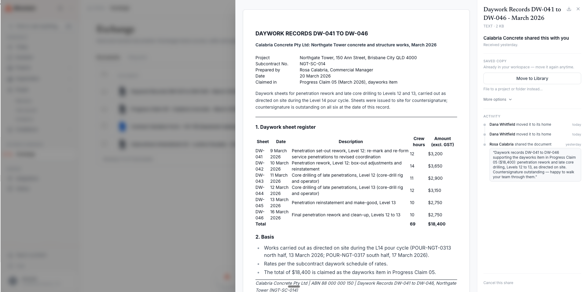 An Exchange package opened by the recipient — the shared daywork records previewed in full, with the activity rail recording who shared the document and the send note quoted, each event stamped with who and when.