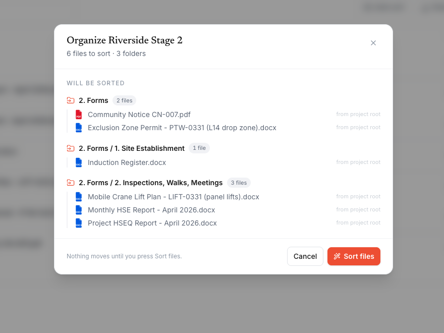 The Auto-sort review on a batch of six uploads — files grouped by their suggested destination folder, per-file origins on the right, and the Sort files button below.